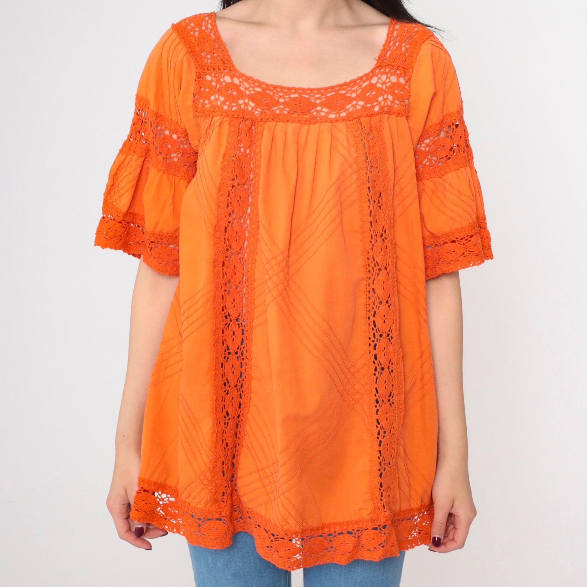 90s Orange Mexican Blouse Bell Sleeve Crochet Lace Tunic Medium