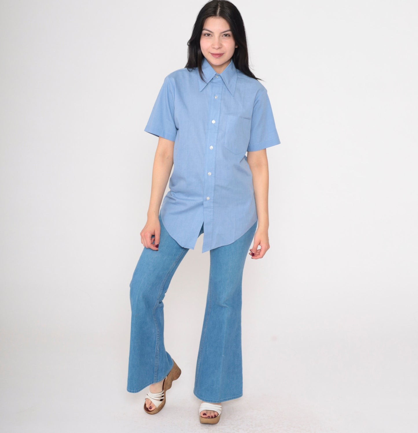 70s Fleetline Chambray Button-Up Shirt Blue Dagger Collar Short Sleeve Small