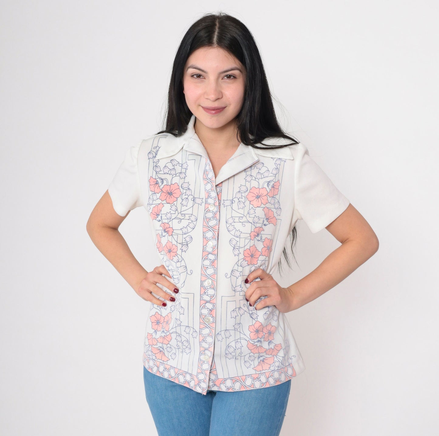 70s Floral Button-Up Blouse White Dagger Collar Short Sleeve Medium