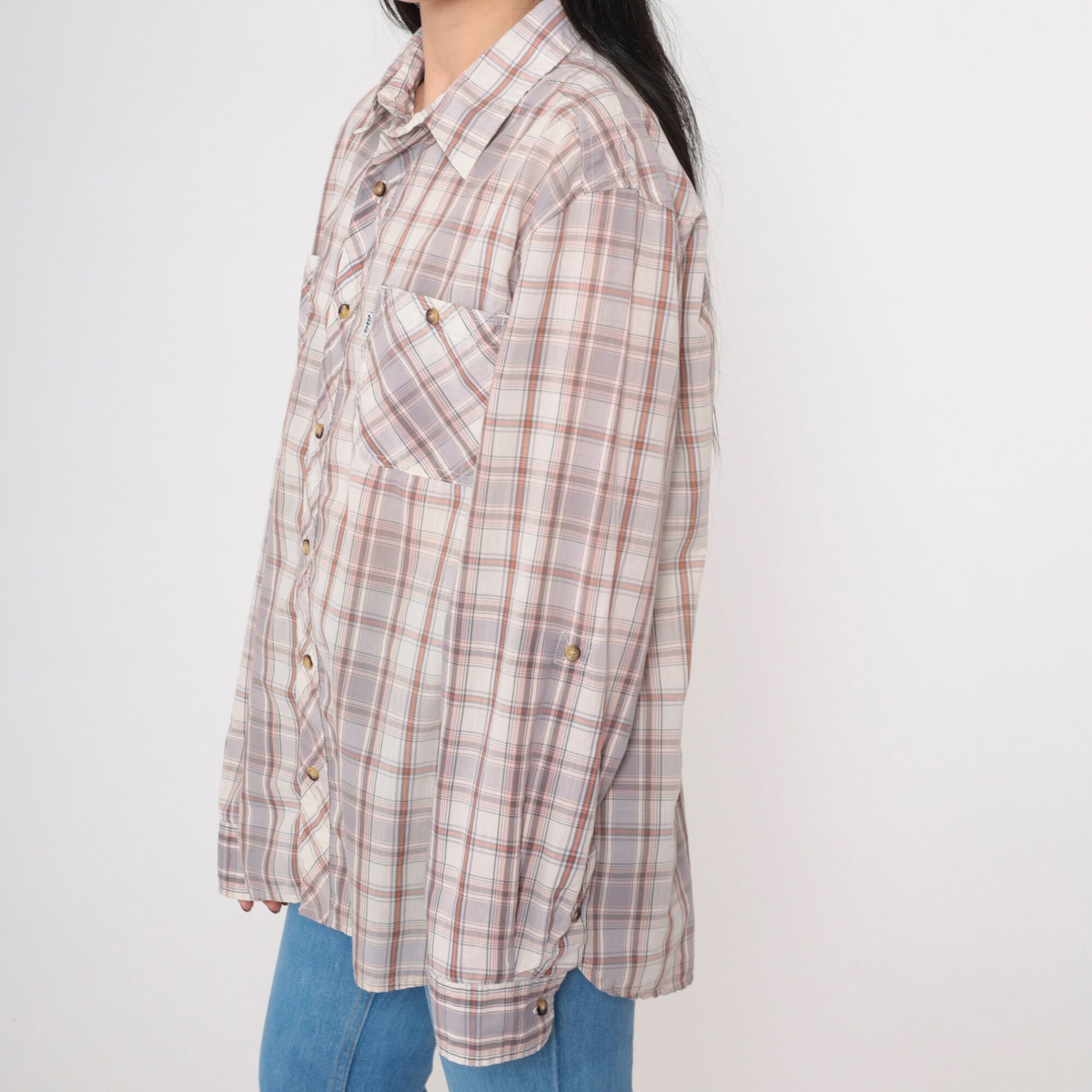 Y2K Levi's Plaid Button-Up Shirt Grey Orange Off-White Tartan Roll Tab Sleeve Large