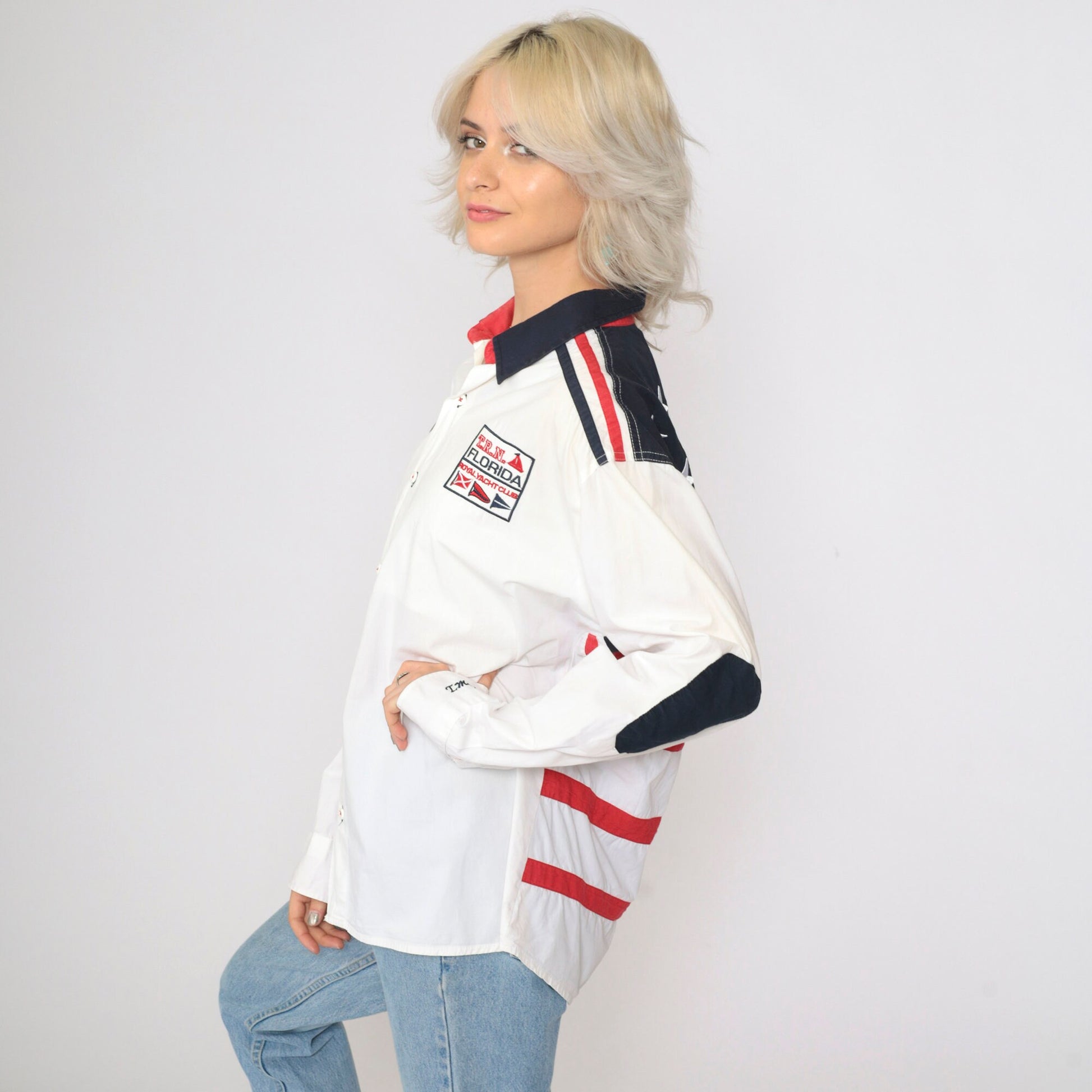 00s Royal Yacht Club Embroidered Button-Up Shirt White Patriotic American Flag Large