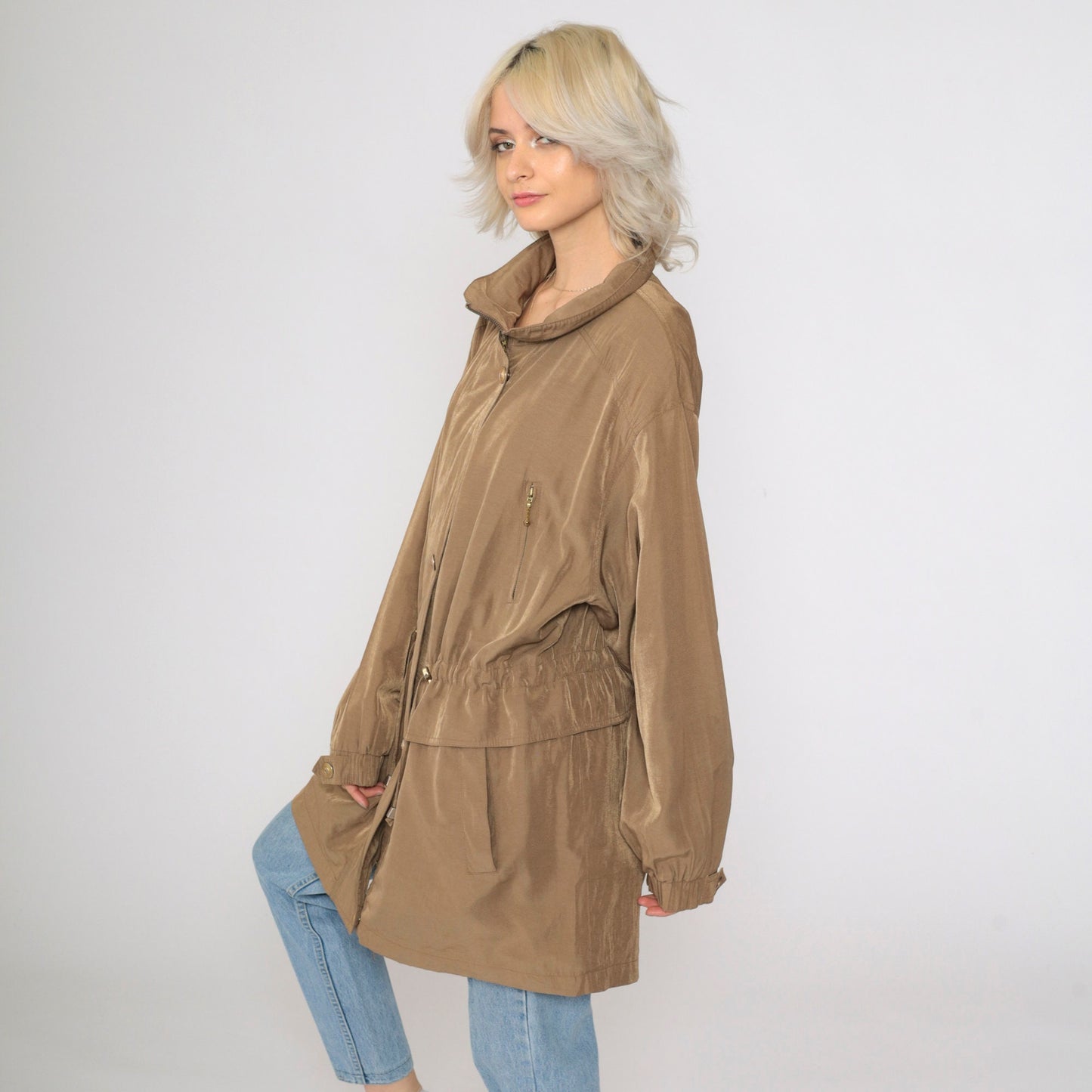 90s Plus Size Brown Windbreaker Jacket Drawstring Waist Zip Pockets XXL