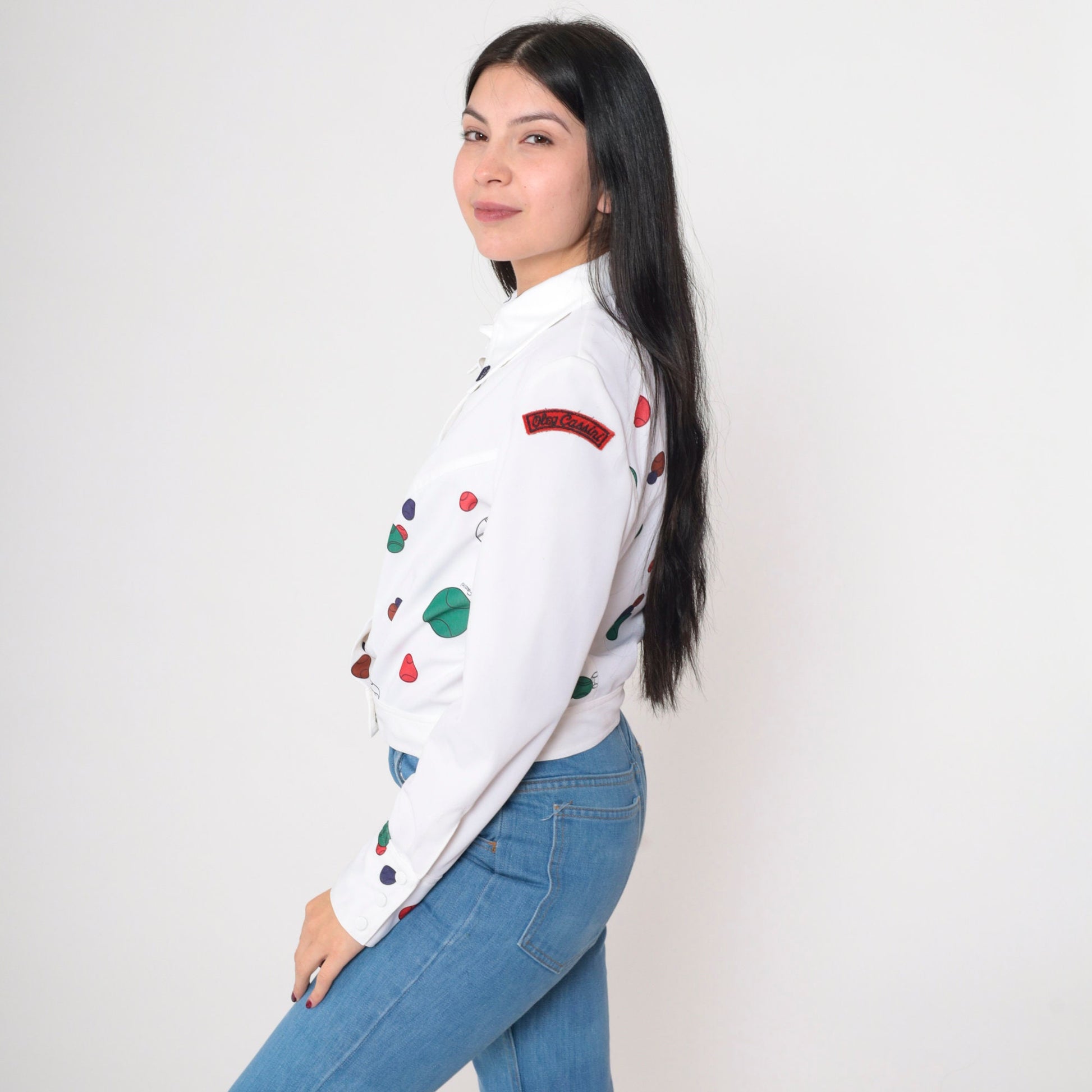 70s Oleg Cassini Tennis Ball Print Blouse White Dagger Collar Medium