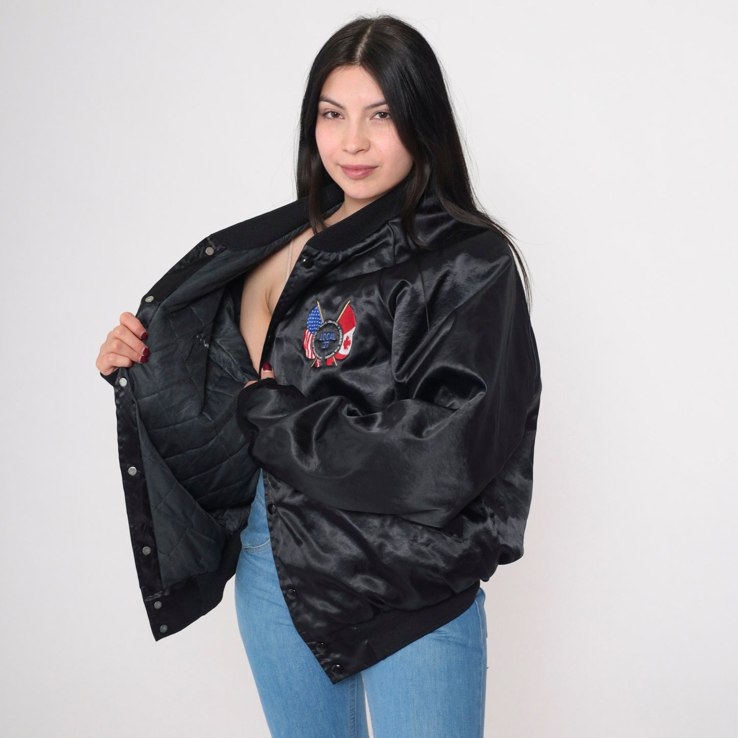 90s AFL-CIO Iron Workers Union Satin Bomber Jacket Black XXL