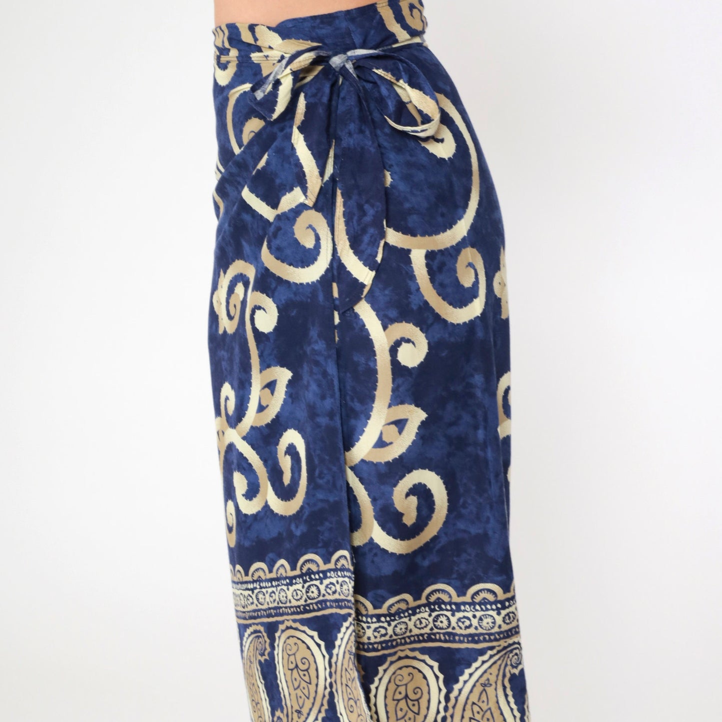 Y2K Sarong Wrap Skirt Paisley Scroll Print Dark Blue Midi Medium Large