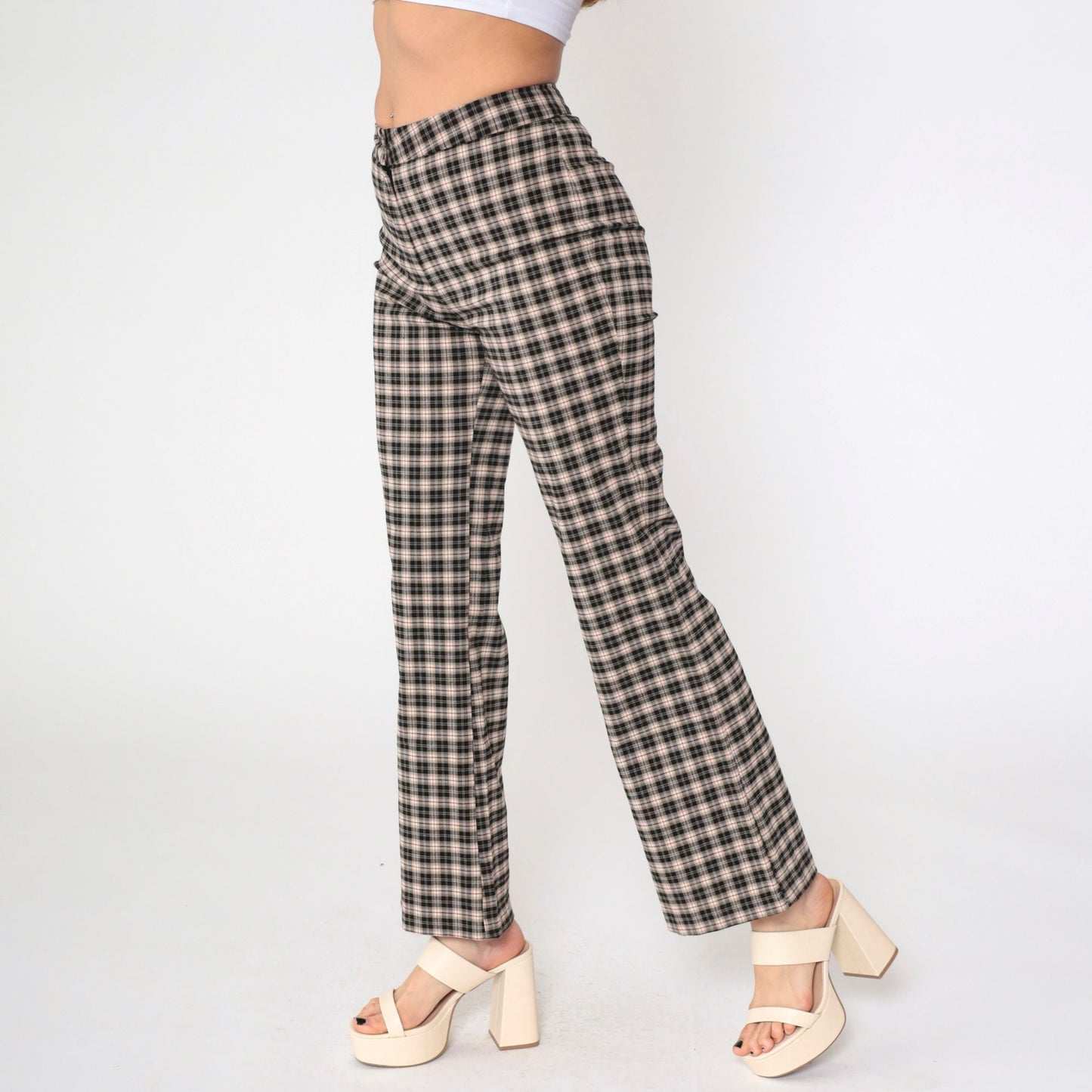 90s Star City Plaid Flared Trousers Black Tan Mid Rise Small 7