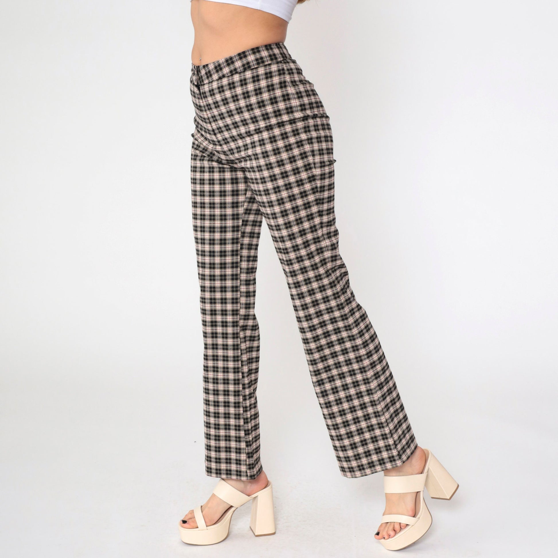 90s Star City Plaid Flared Trousers Black Tan Mid Rise Small 7