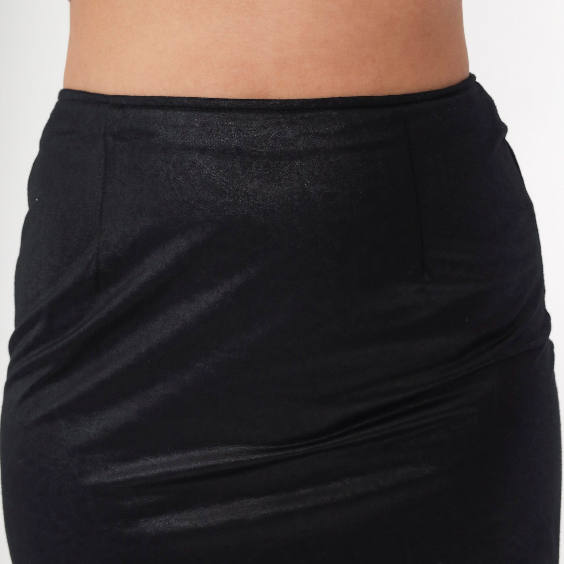 90s Black Pleather Mini Pencil Skirt High Waist Rear Zip Small