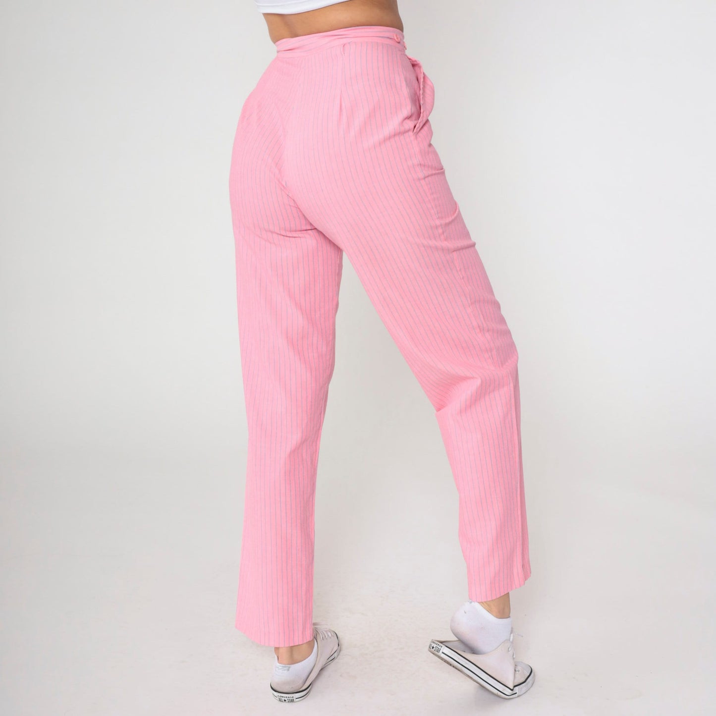 80s Pink Pinstripe High-Rise Pleated Trousers Straight Leg Small