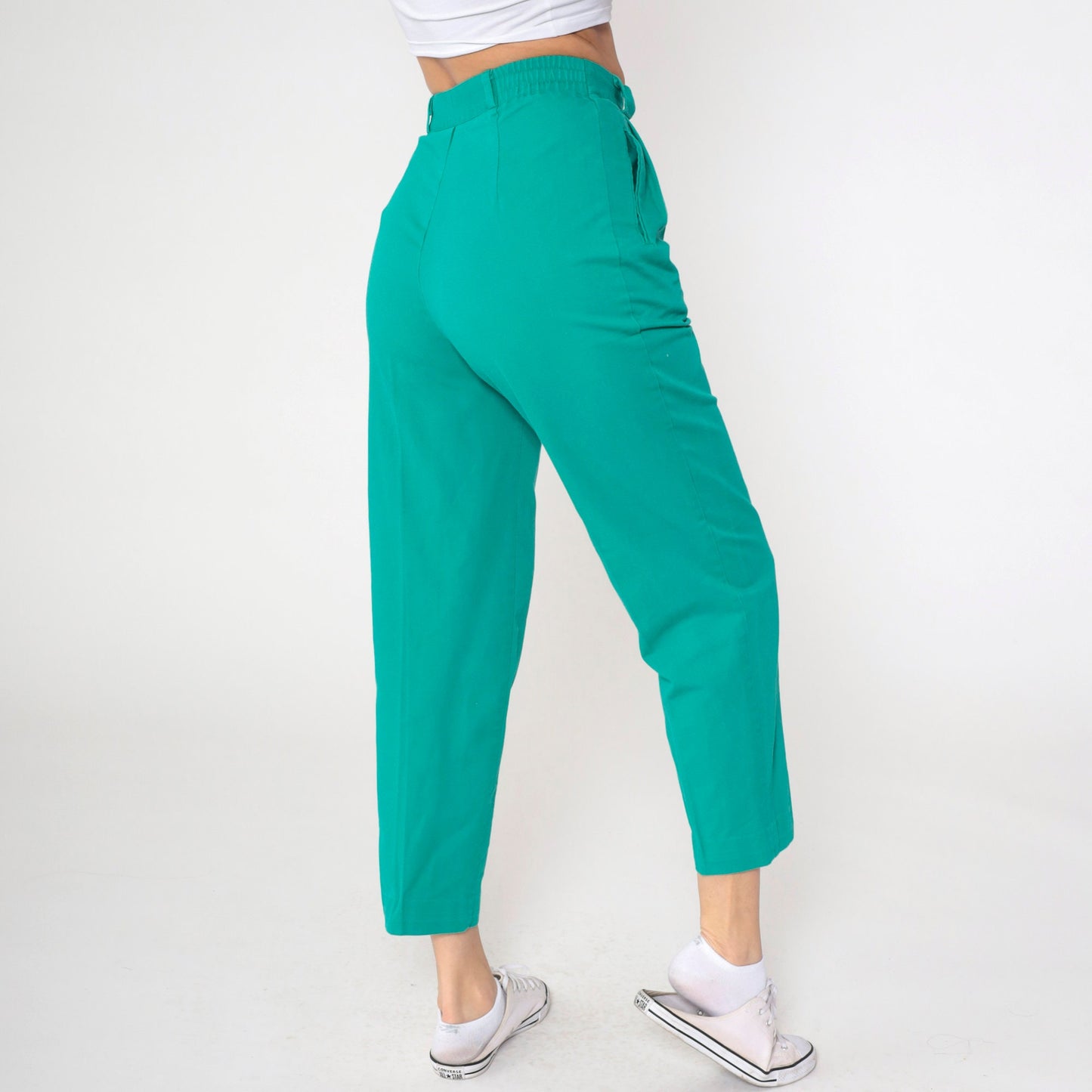 80s Green Pleated High-Rise Trousers Elastic Waist Tapered Small