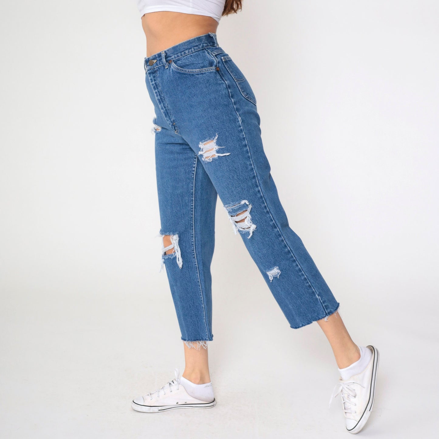 90s Lee High Rise Straight Leg Ripped Blue Denim Jeans Small 28