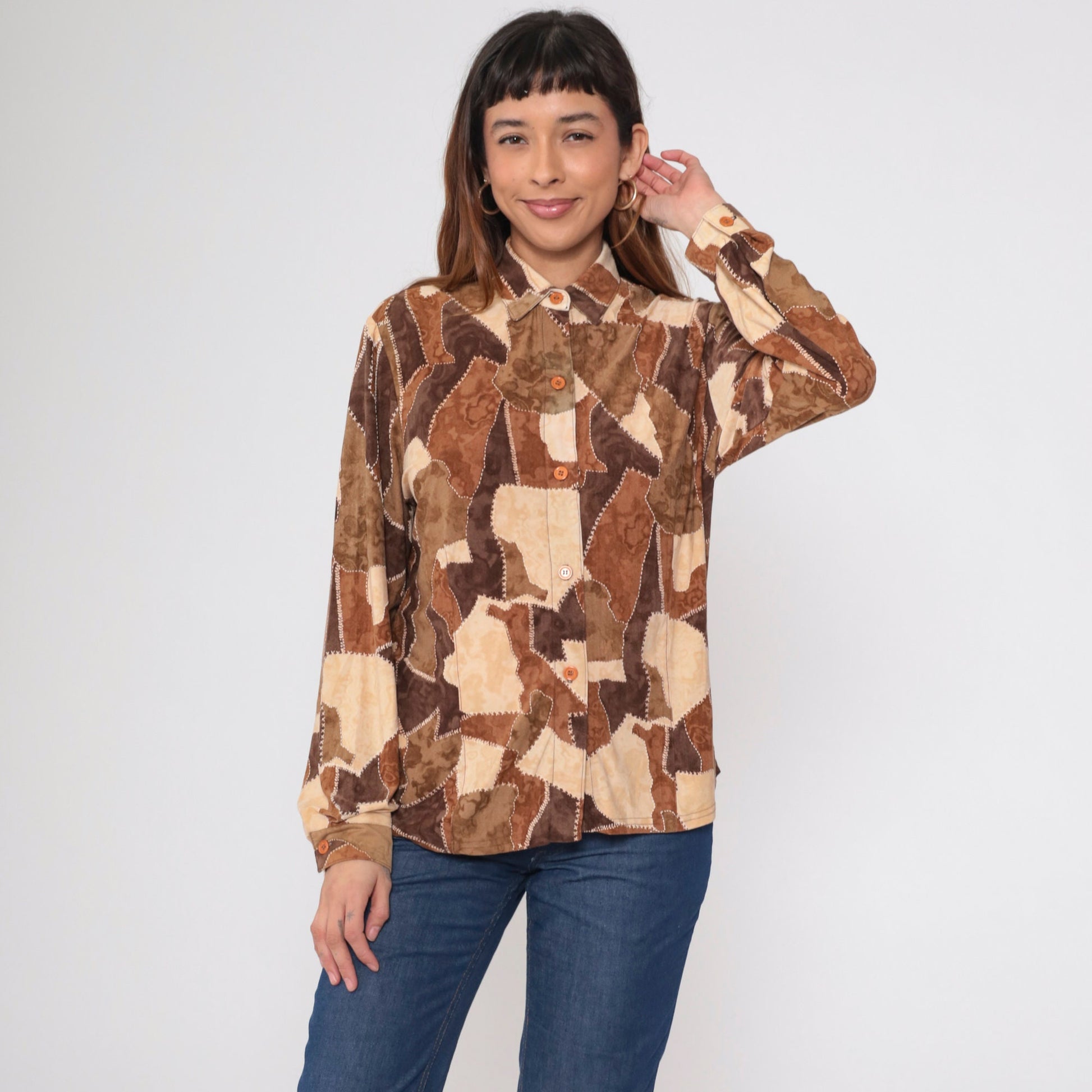 90s Brown Patchwork Button-Up Blouse Long Sleeve Collared Shirt Small S