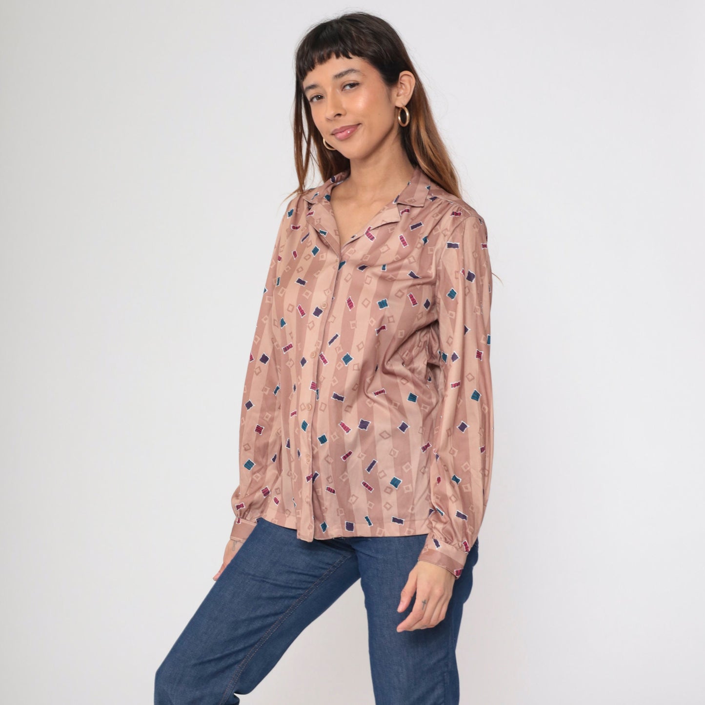 70s Confetti Geometric Striped Button-Up Blouse Dusty Rose Taupe Large L