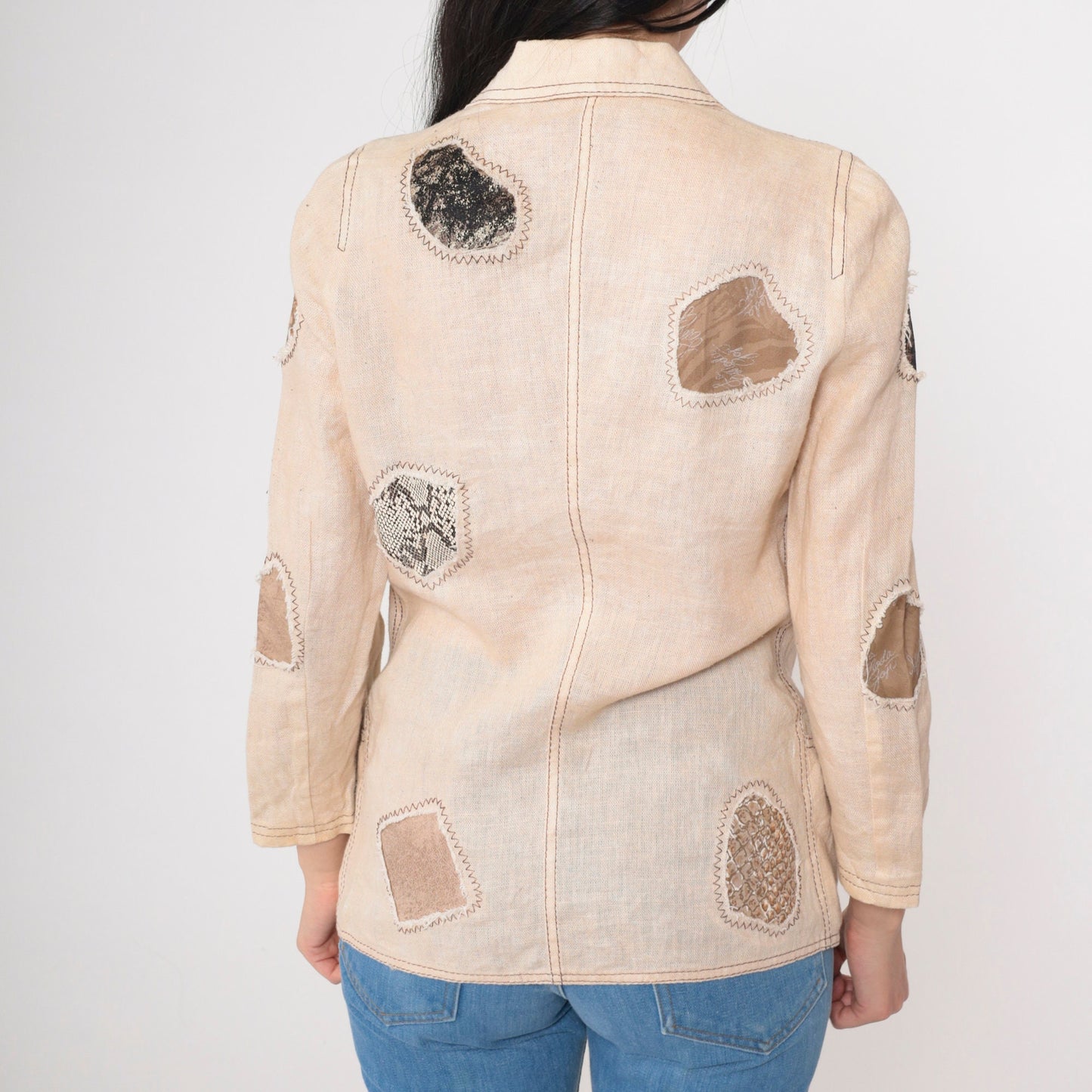 90s Patchwork Blazer Beige Animal Print Patch Jacket Extra Small XS