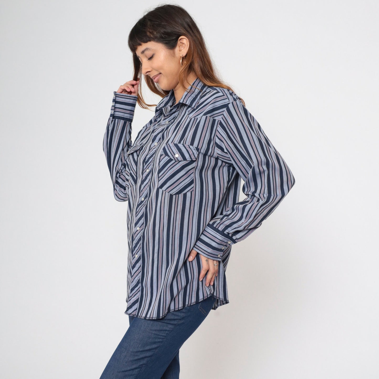 90s Wrangler Pearl Snap Western Shirt Striped Navy Red Long Sleeve Large
