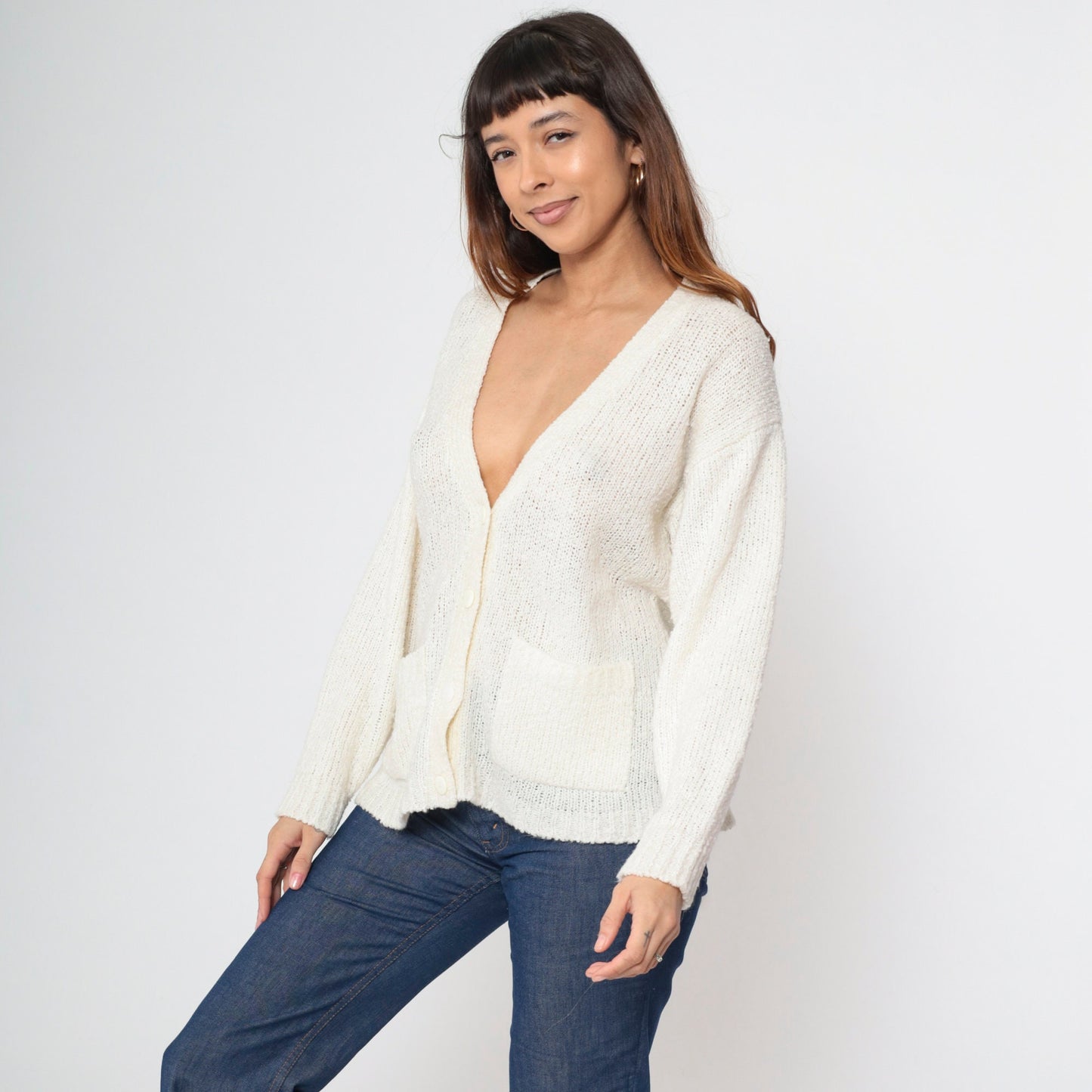 80s Off-White Cardigan Button-Up Knit Sweater V-Neck Pockets Medium