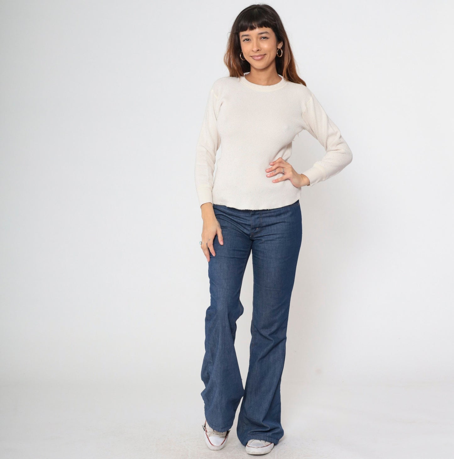 80s Cream Thermal Undershirt Long Sleeve Cotton Knit Medium M