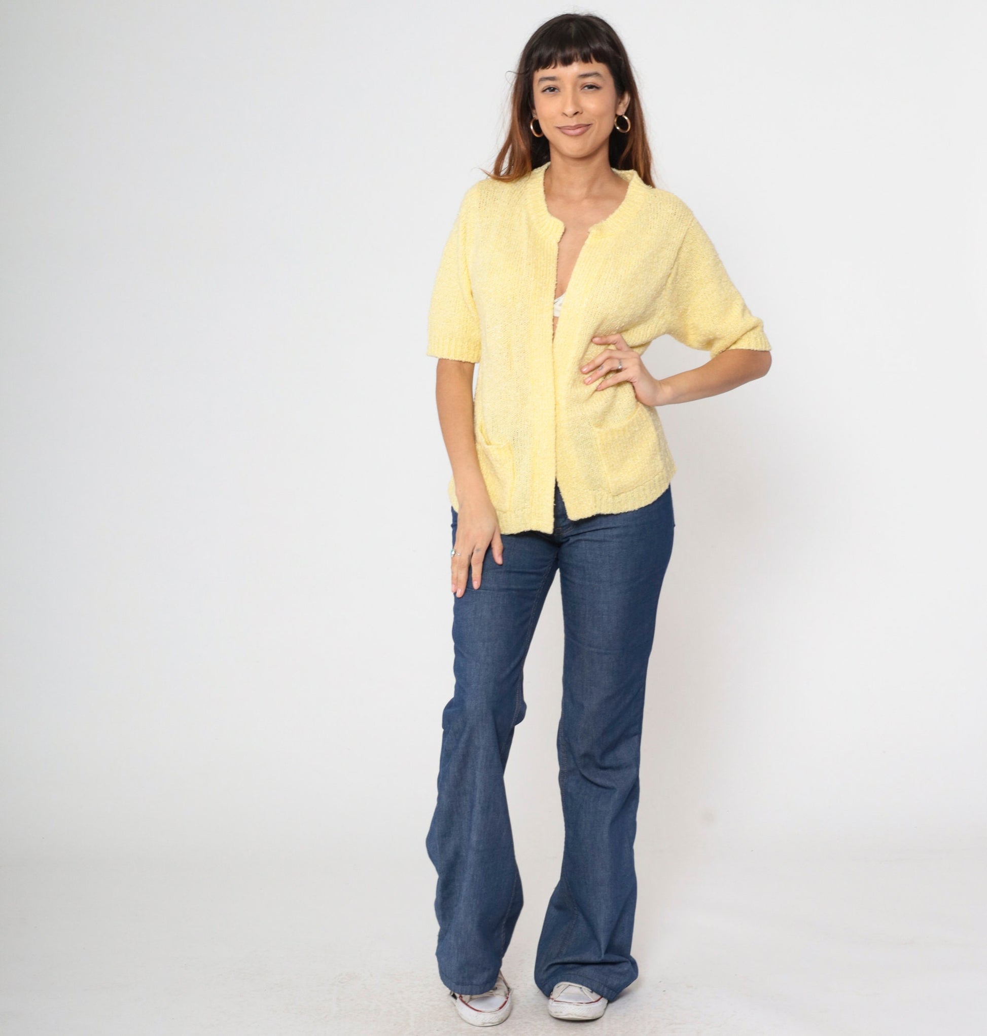 70s Le Chois Yellow Bouclé Cardigan Short Sleeve Open Front Knit Medium