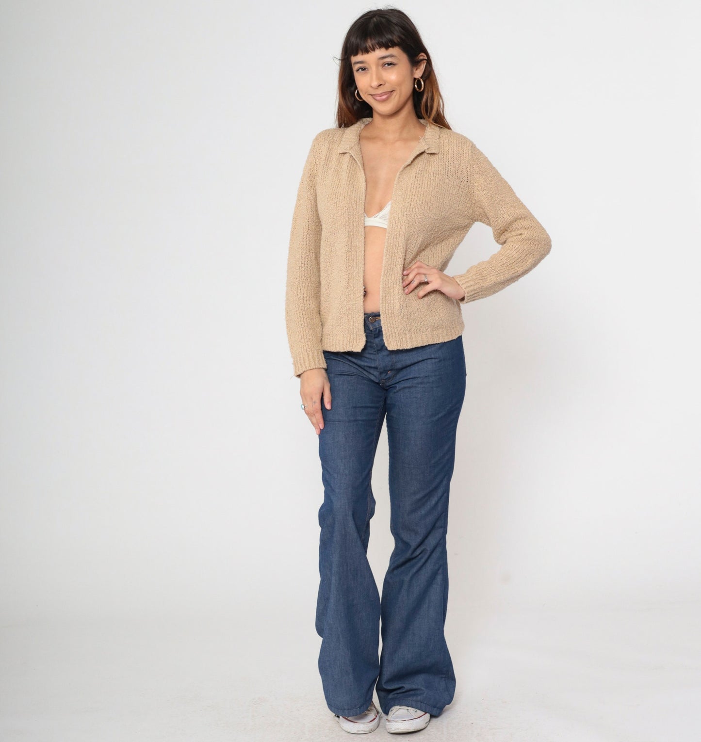 70s Tan Cardigan Open Front Wrap Sweater Medium