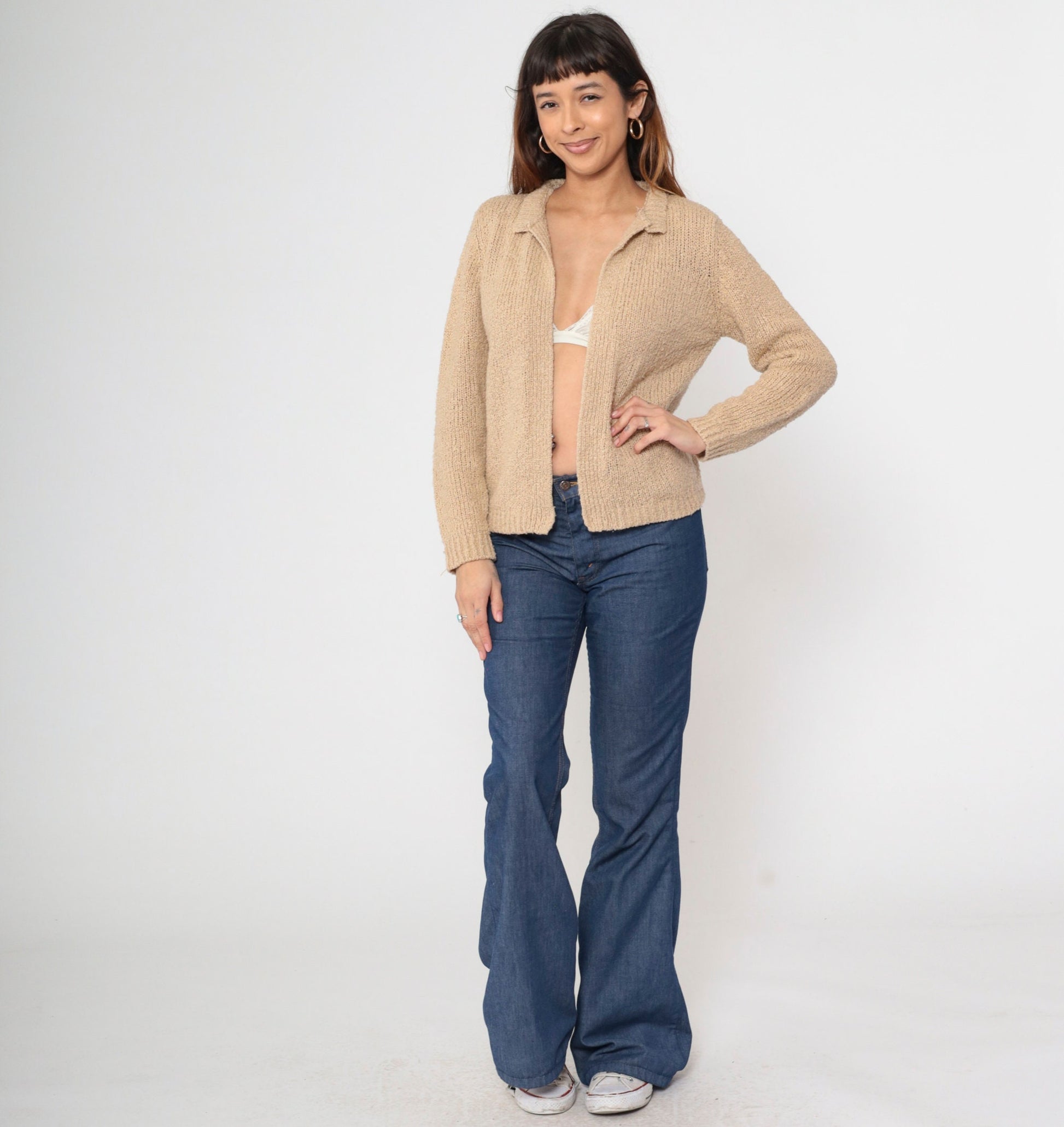 70s Tan Cardigan Open Front Wrap Sweater Medium
