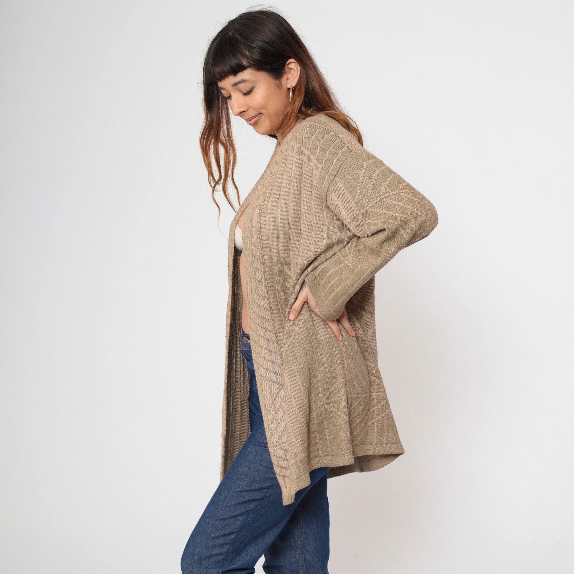 90s Tan Geometric Wrap Cardigan Sweater Medium