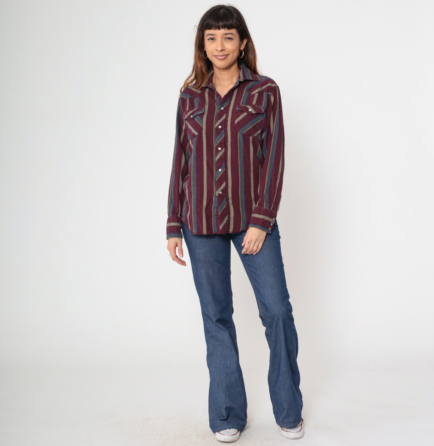 90s Wrangler Pearl Snap Western Shirt Burgundy Striped Medium