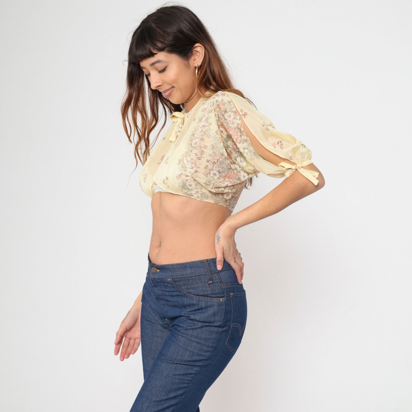 70s Yellow Floral Bolero Jacket Sheer Crop Open Front Tie Chest Small Medium