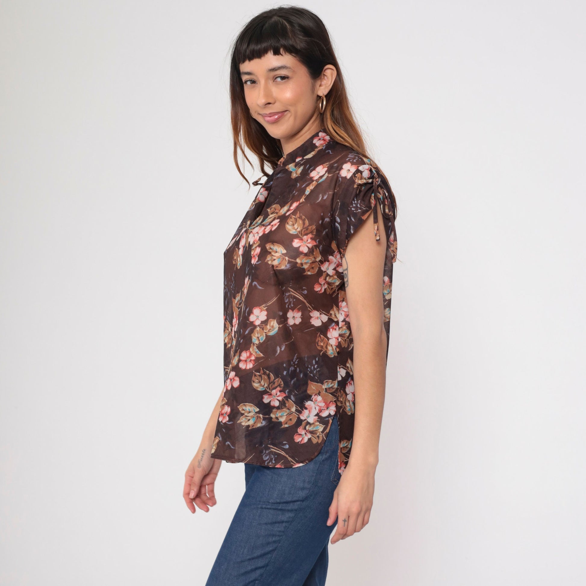 70s Sheer Floral Blouse Tie Sleeve V Neck Brown Pink Shirt Medium Large