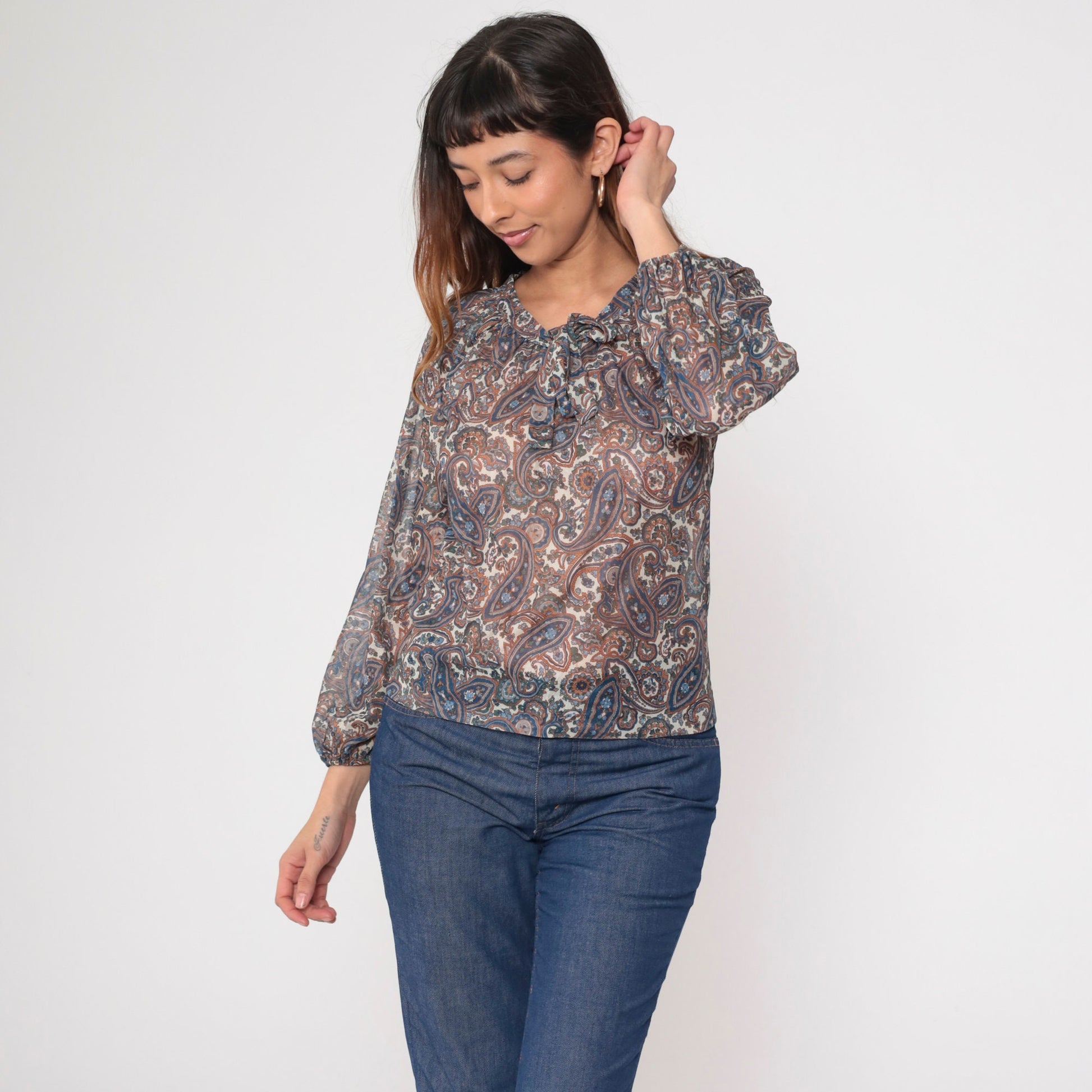 70s Paisley Tie Neck Blouse Sheer Psychedelic Print Orange Blue Small
