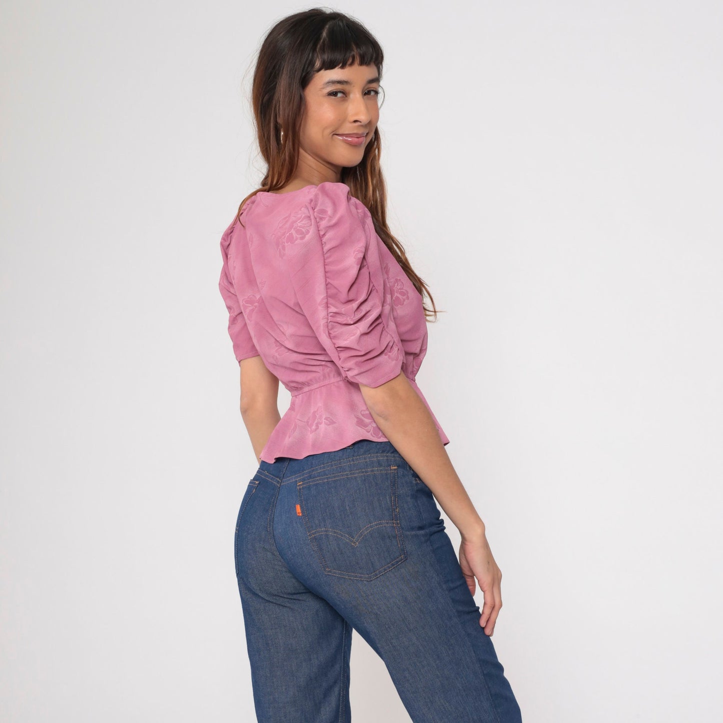 80s Floral Peplum Blouse Pink Puff Sleeve Crop Top Small