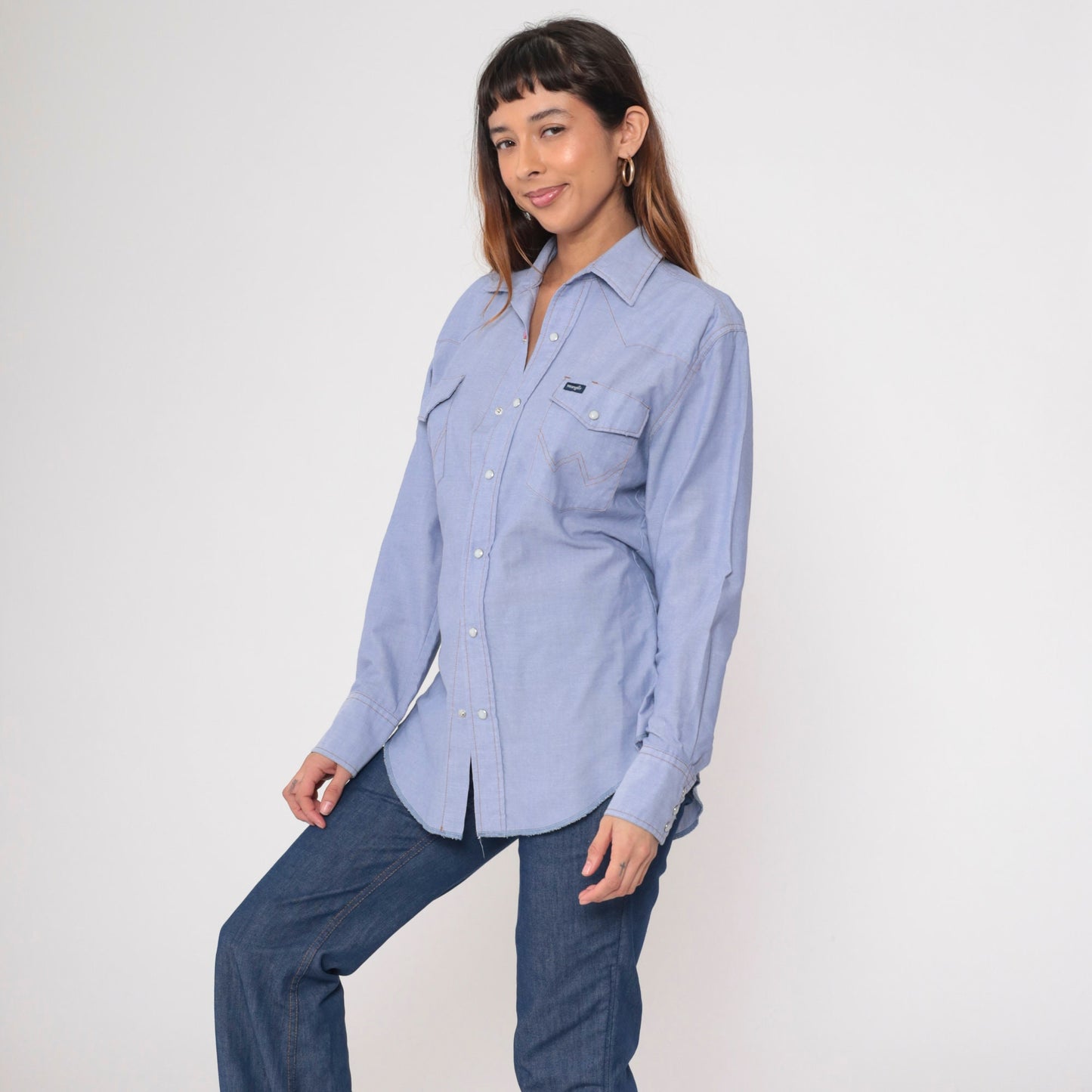 90s Wrangler Chambray Pearl Snap Shirt Blue Denim Long Sleeve Medium