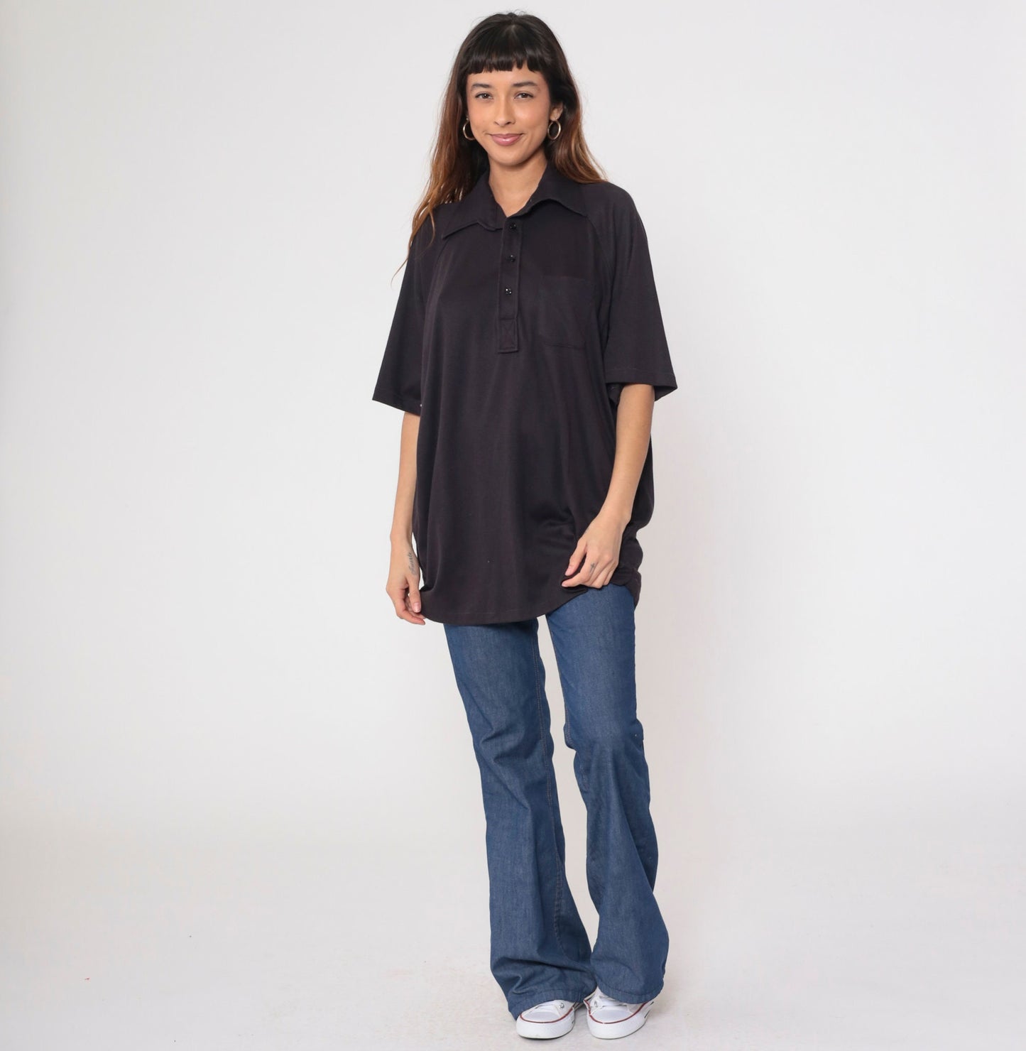70s Don Loper Black Polo Shirt Raglan Sleeve Half Button Collared Plus Size XXL