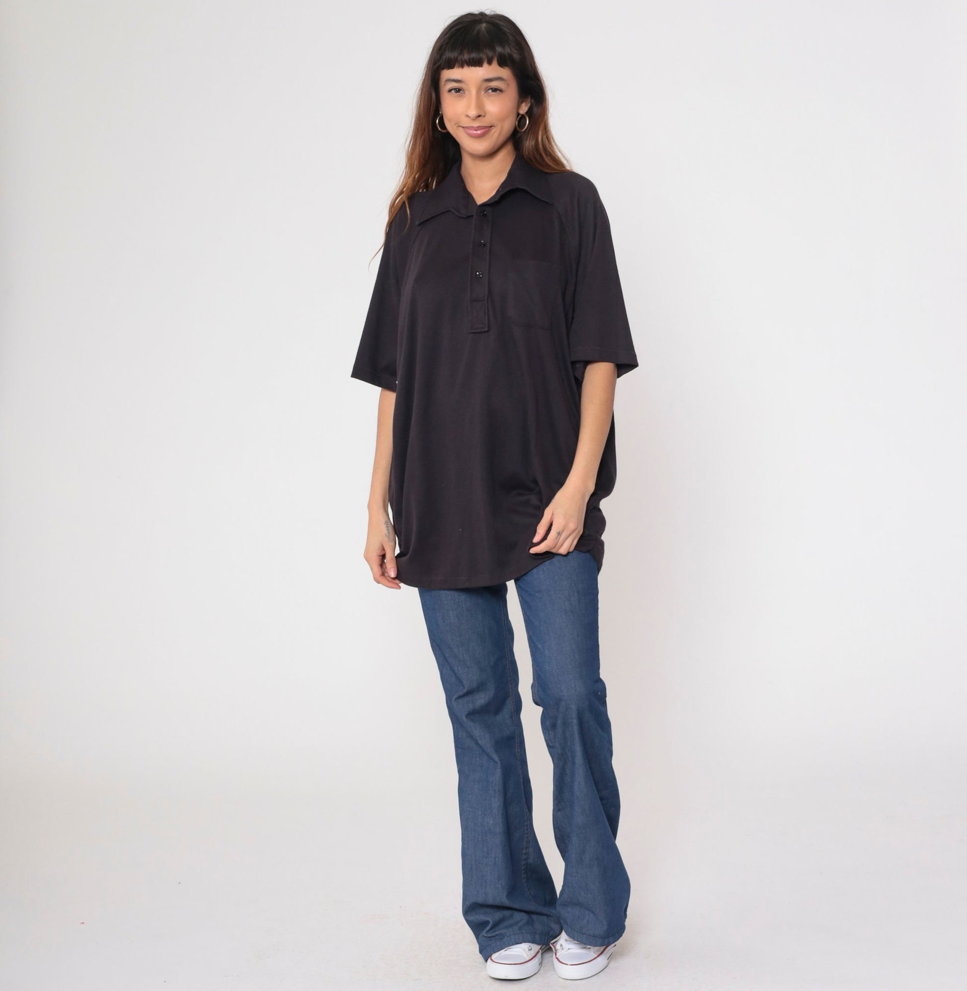 70s Don Loper Black Polo Shirt Raglan Sleeve Half Button Collared Plus Size XXL