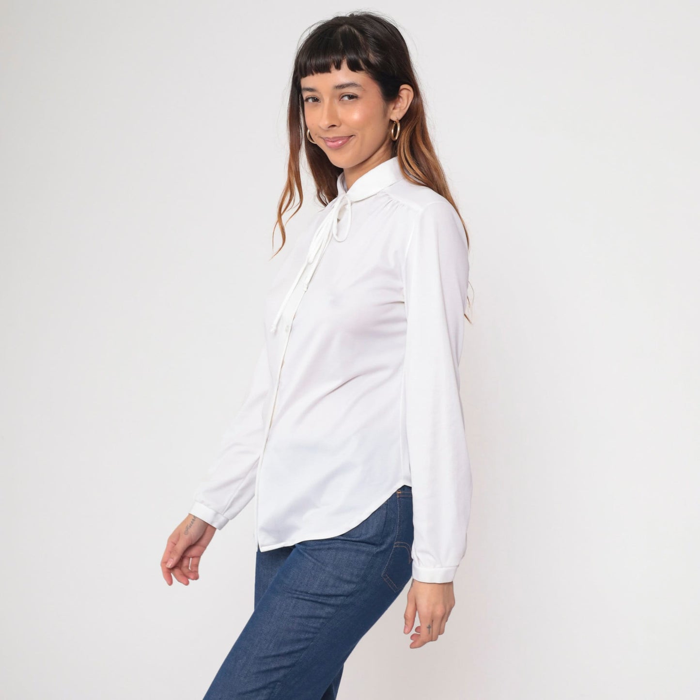 70s White Necktie Blouse Button-Up Long Sleeve Ascot Shirt Medium Large
