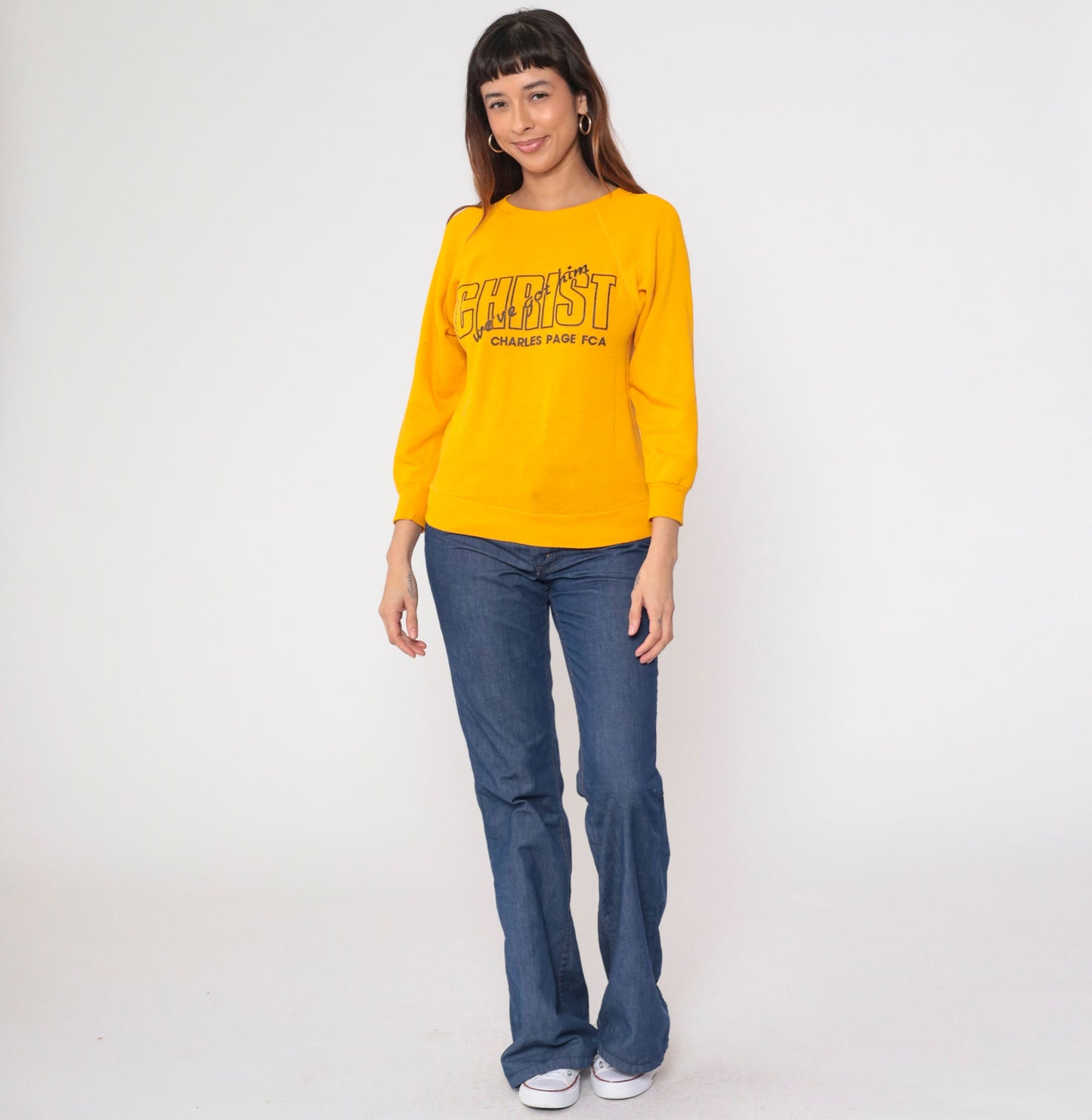 80s Christian FCA Sweatshirt 'Christ We've Got Him' Yellow Raglan Extra Small