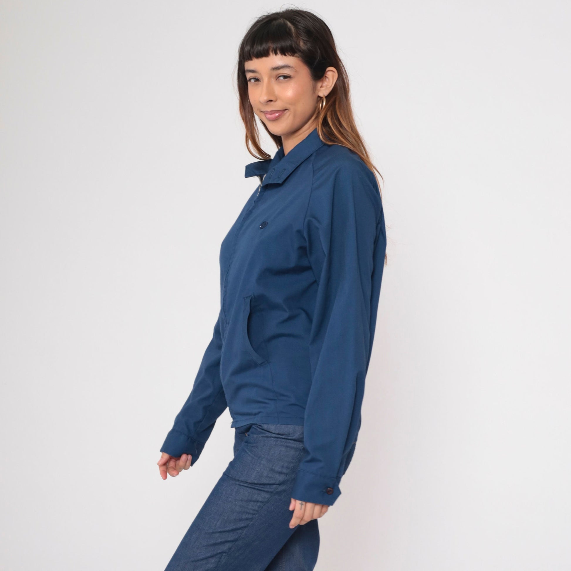 80s Navy Windbreaker Jacket Embroidered Crest Raglan Zip Medium