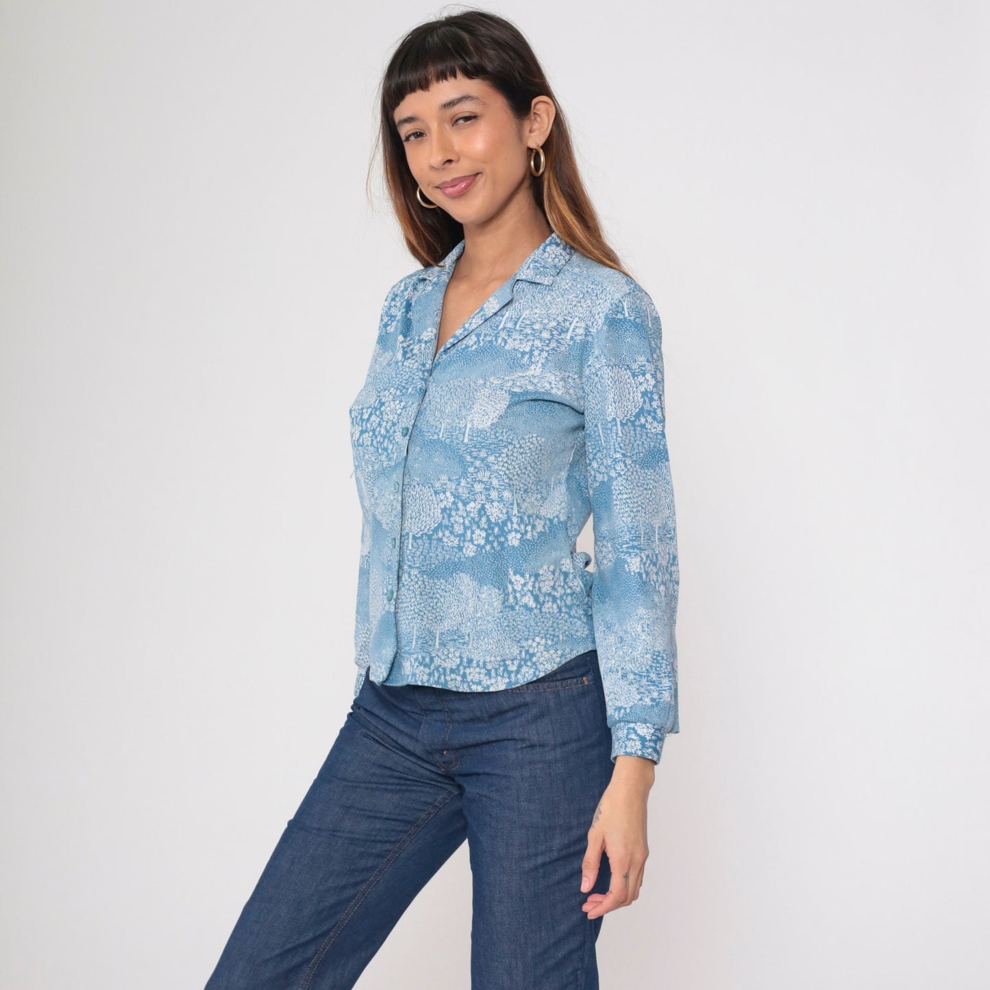 70s Alex Coman Sportswear Tree Floral Print Button-Up Blouse Blue Medium