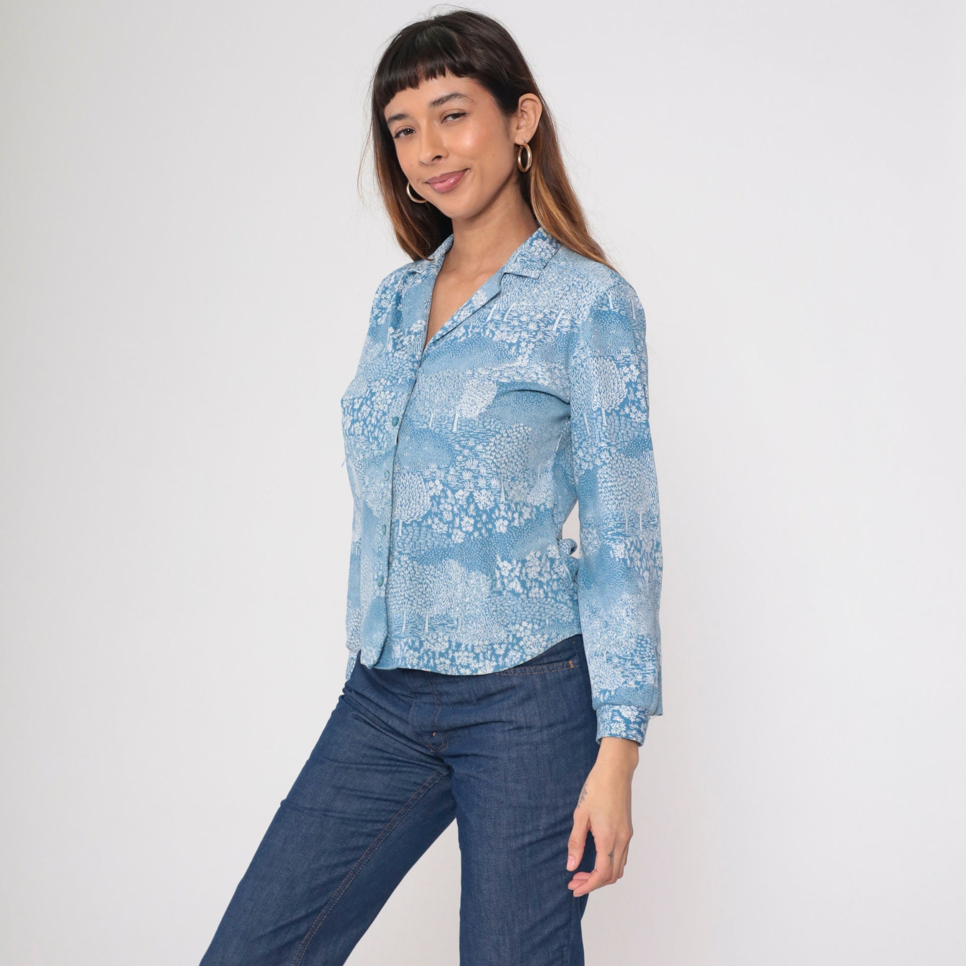 70s Alex Coman Sportswear Tree Floral Print Button-Up Blouse Blue Medium