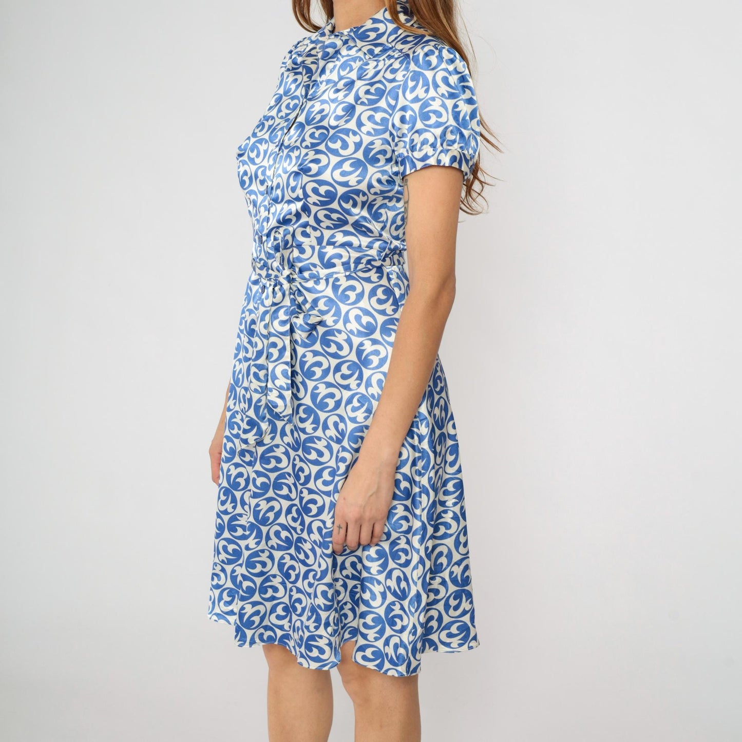 80s JG Hook Blue White Geometric Midi Shirt Dress Puff Sleeve Button Front Small