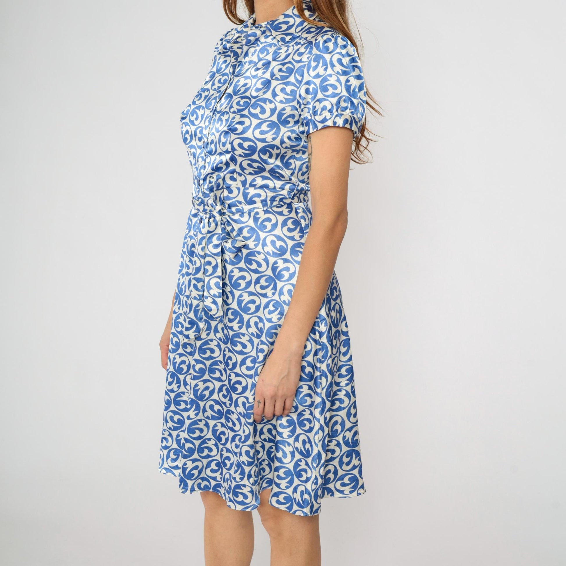 80s JG Hook Blue White Geometric Midi Shirt Dress Puff Sleeve Button Front Small