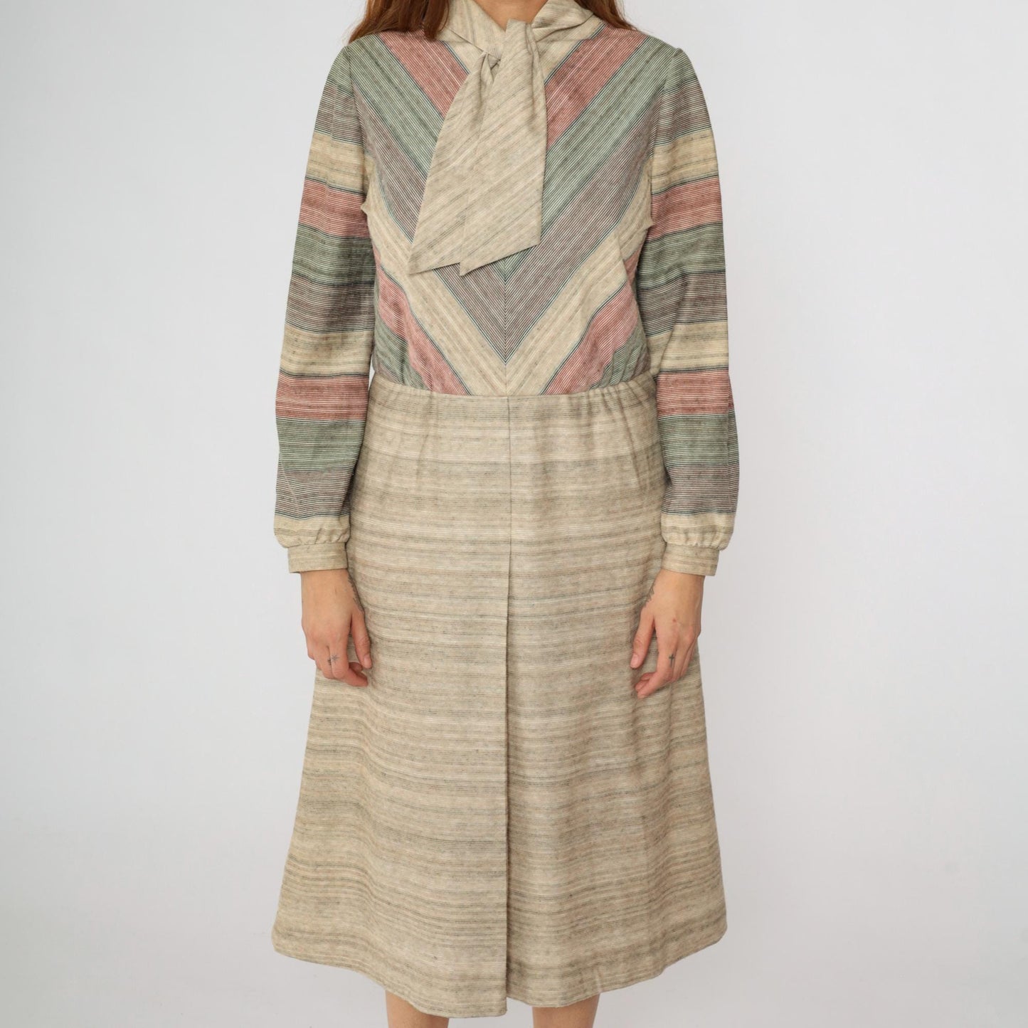 70s Kay Windsor Chevron Stripe Midi Dress Taupe Ascot Long Sleeve Medium Large