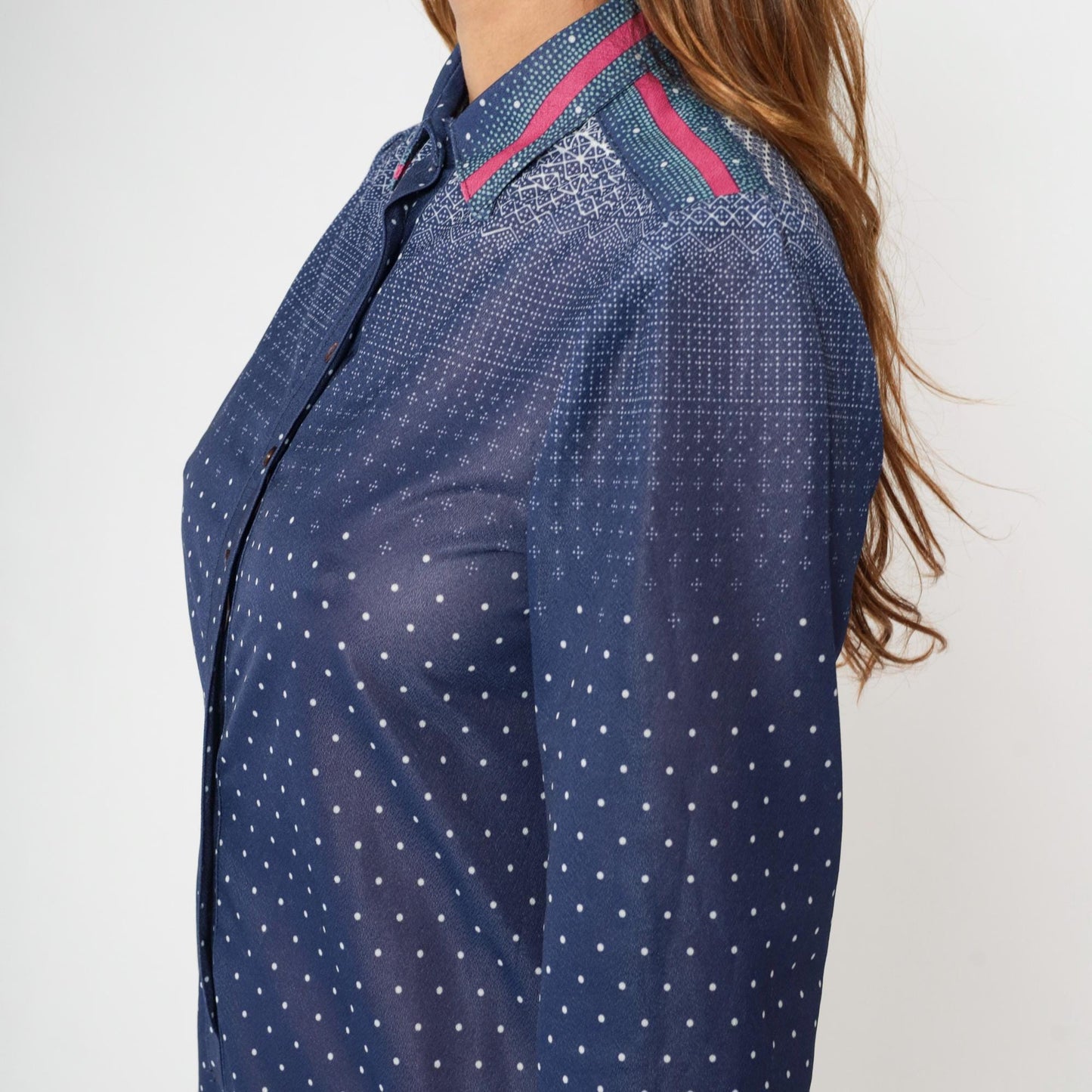 70s Dark Blue Polka Dot Shirtdress Midi Puff Sleeve Collared Button-Up Medium