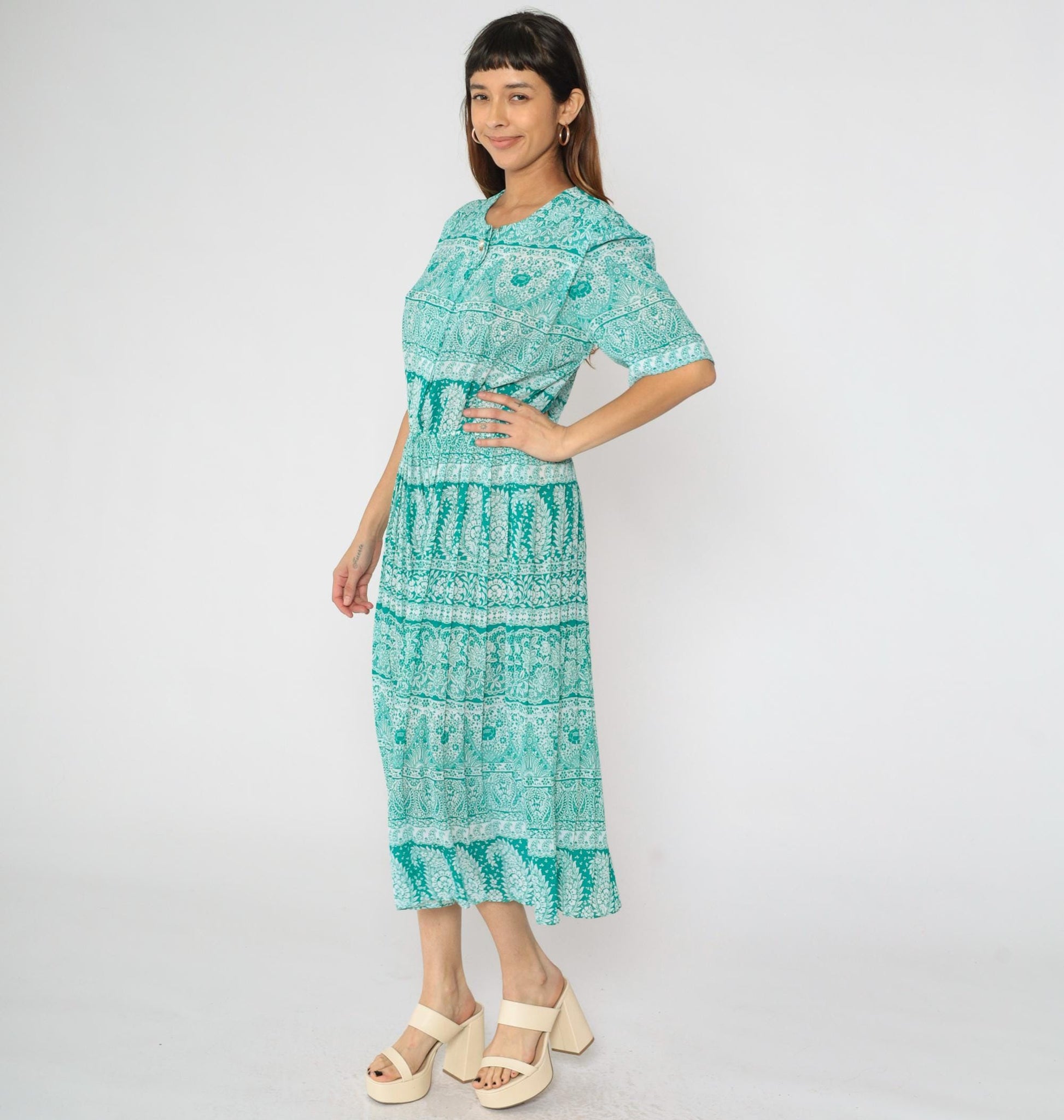 80s Green Paisley Midi Shirtwaist Dress High Waisted Pleated Short Sleeve Large L