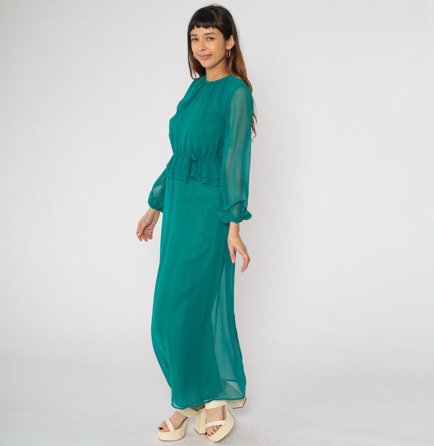 70s Teal Chiffon Maxi Dress High Waist Ruffle Sheer Sleeves Small