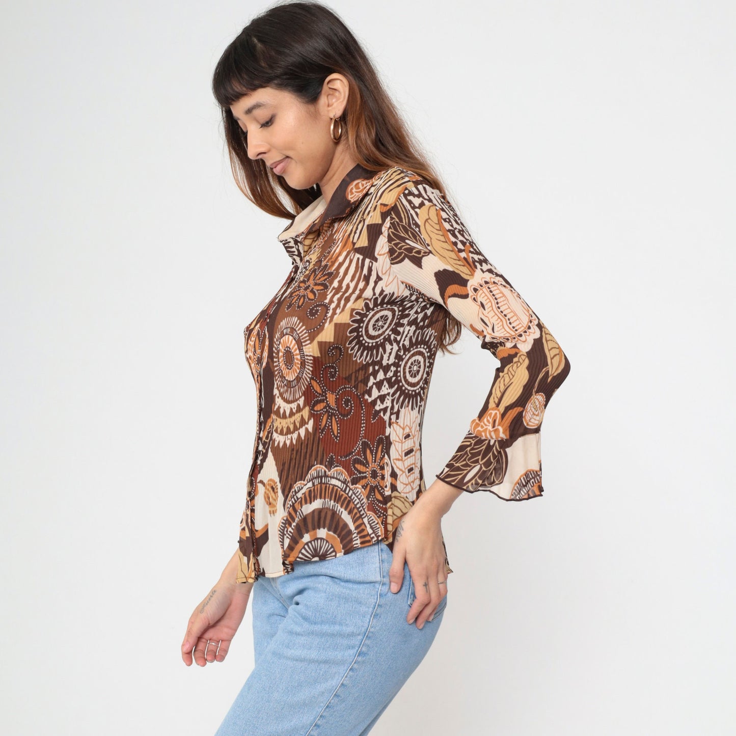 Y2K Brown Patchwork Geometric Floral Button-Up Blouse Bell Sleeve Medium