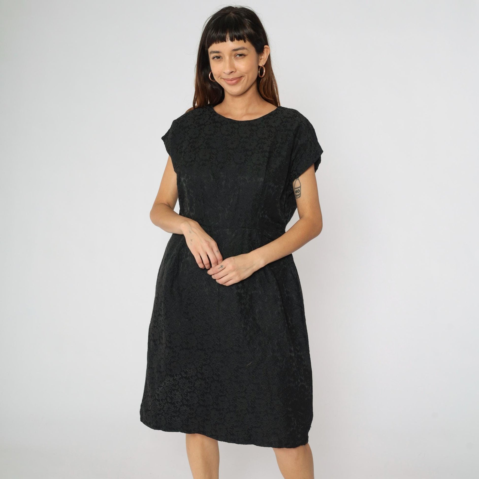 60s Black Brocade Sheath Dress Floral Cap Sleeve Midi Large L