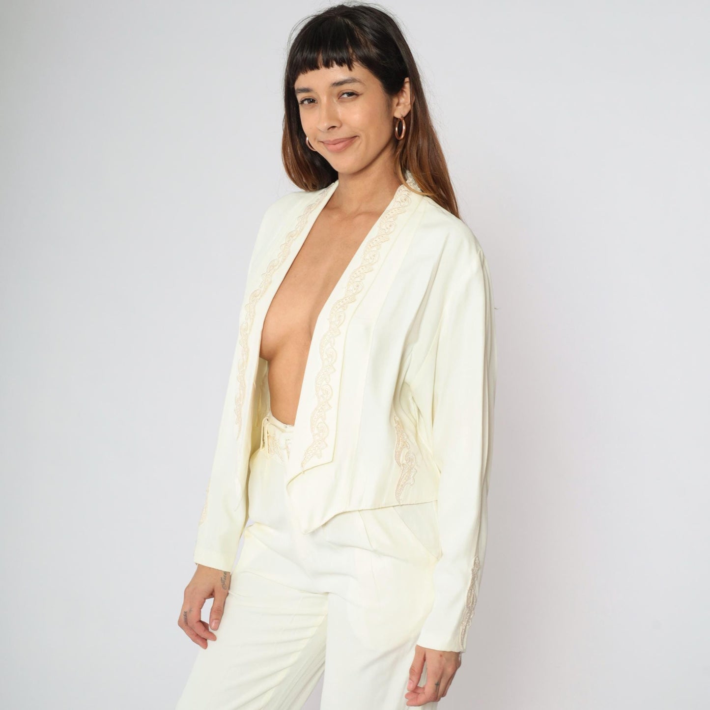 80s Two Piece Suit Cream Embroidered Blazer & Tapered Pants Set Small