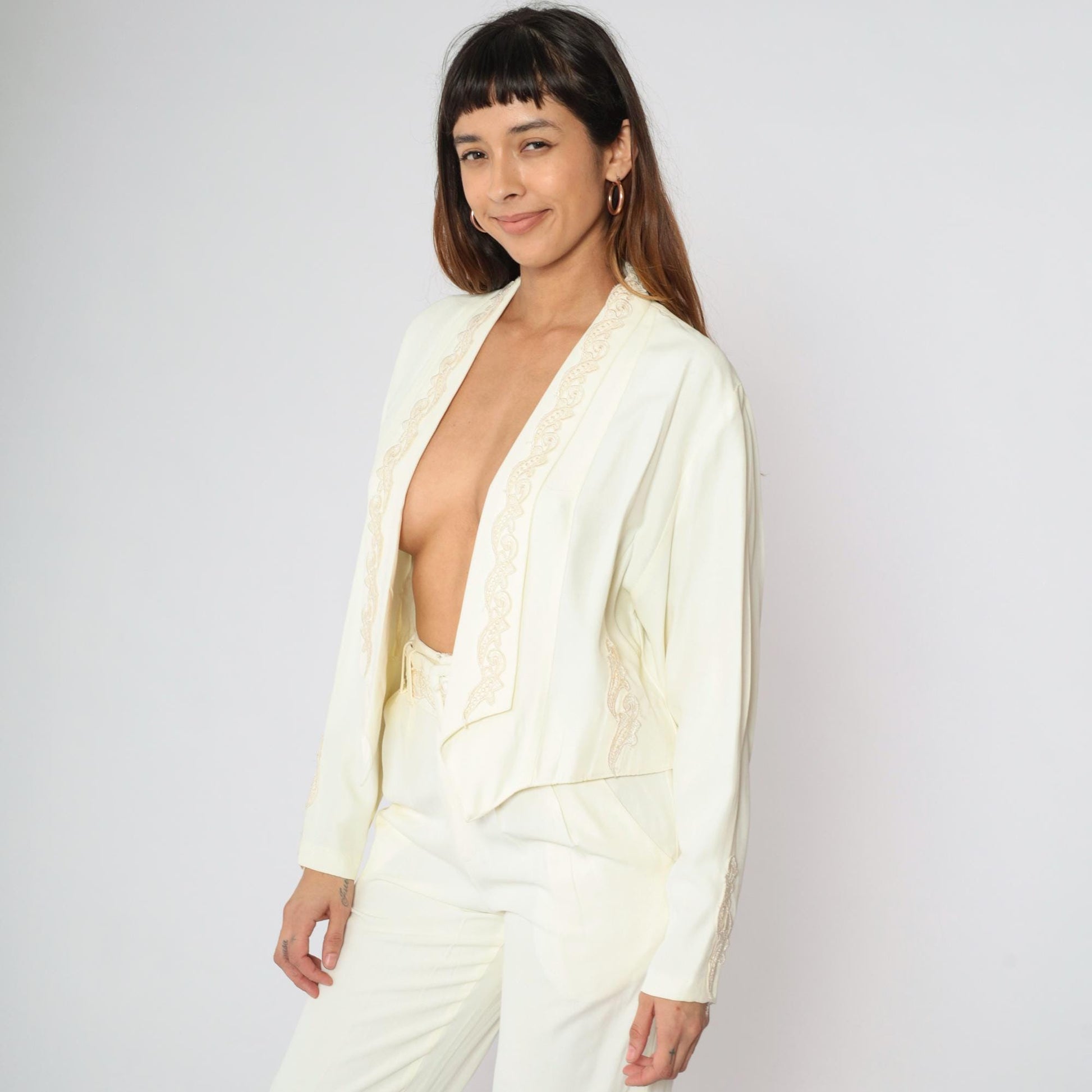 80s Two Piece Suit Cream Embroidered Blazer & Tapered Pants Set Small