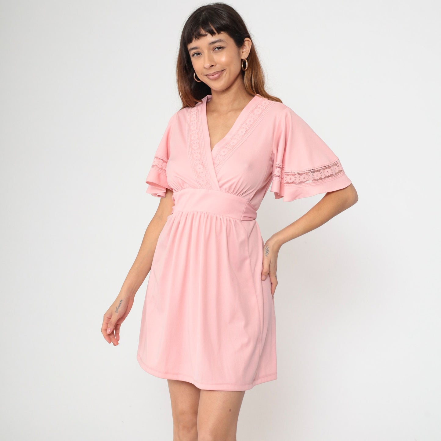 70s Pink Babydoll Dress Flutter Sleeve Empire Waist Mini V-Neck Small Medium