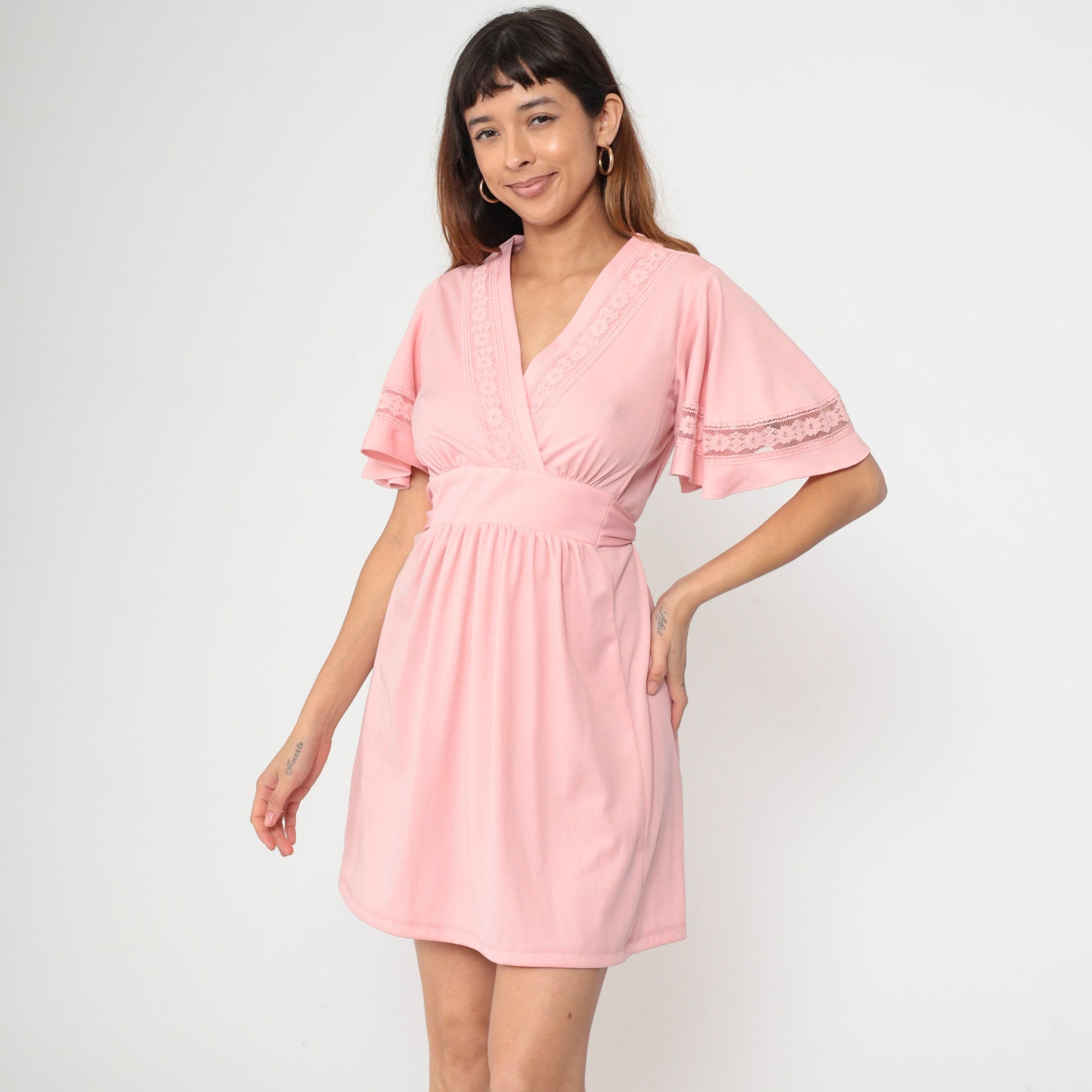 70s Pink Babydoll Dress Flutter Sleeve Empire Waist Mini V-Neck Small Medium